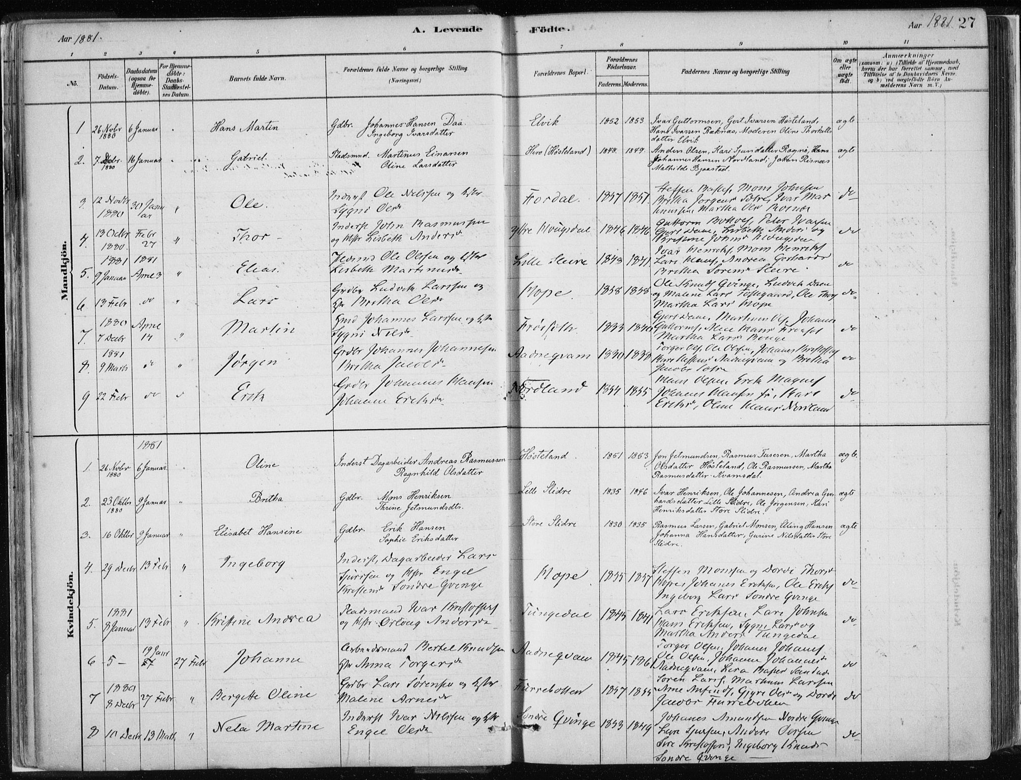 Masfjorden Sokneprestembete, SAB/A-77001: Parish register (official) no. B  1, 1876-1899, p. 27