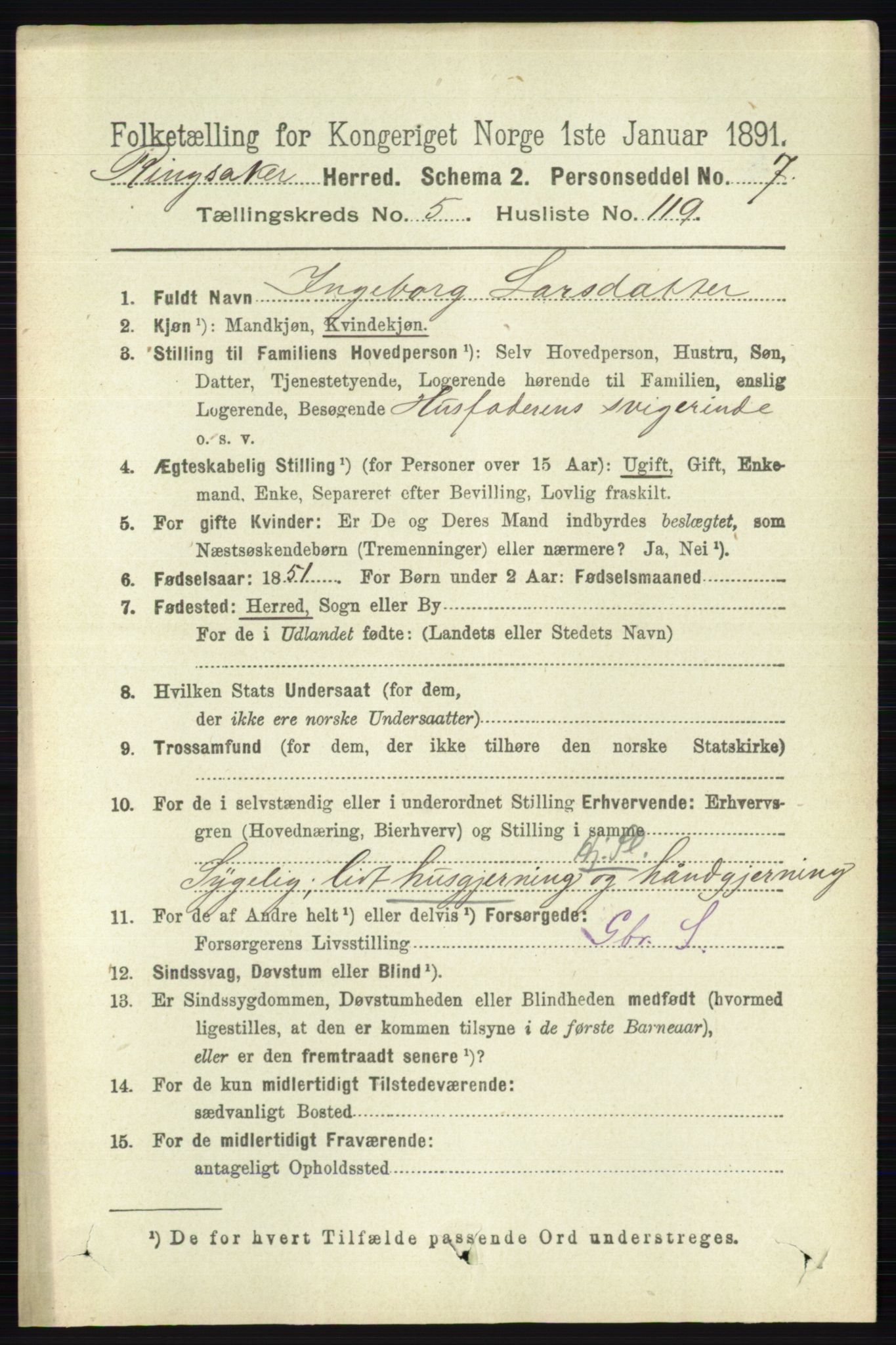 RA, 1891 census for 0412 Ringsaker, 1891, p. 3076