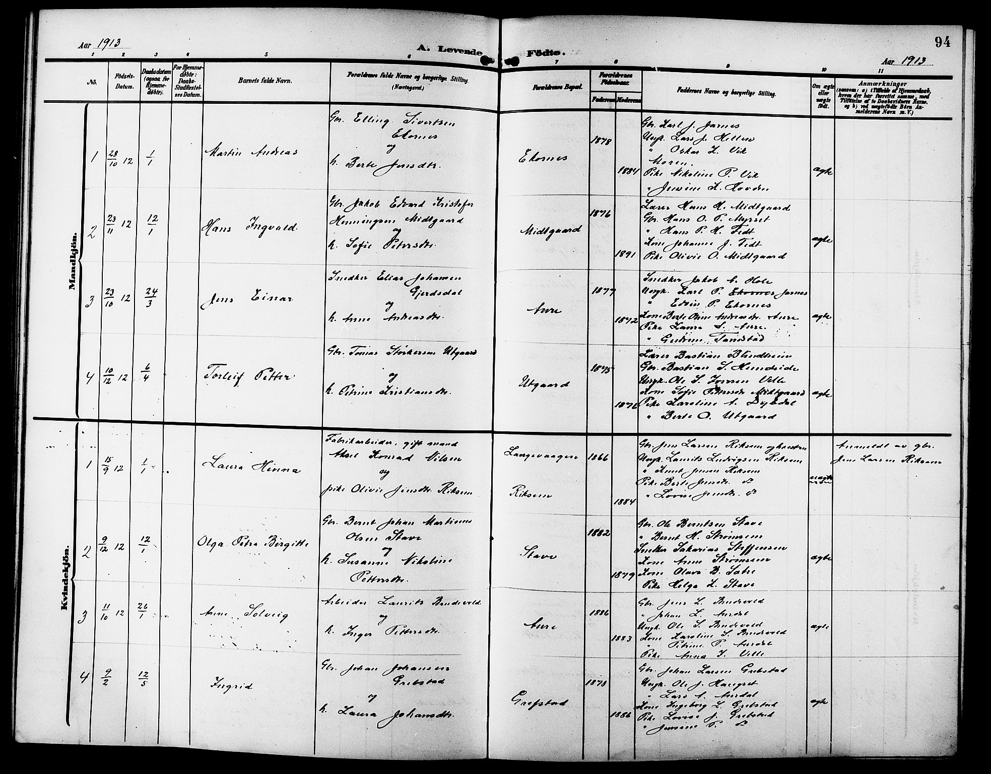 Ministerialprotokoller, klokkerbøker og fødselsregistre - Møre og Romsdal, AV/SAT-A-1454/523/L0341: Parish register (copy) no. 523C04, 1903-1916, p. 94