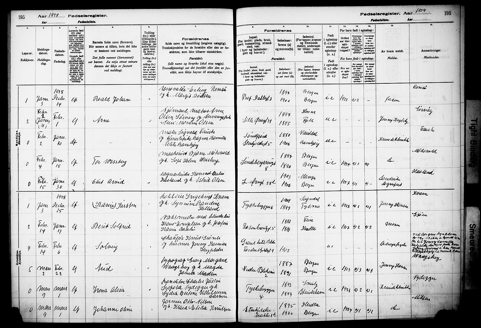 Korskirken sokneprestembete, SAB/A-76101/I/Id/L00A1: Birth register no. A 1, 1916-1929, p. 195