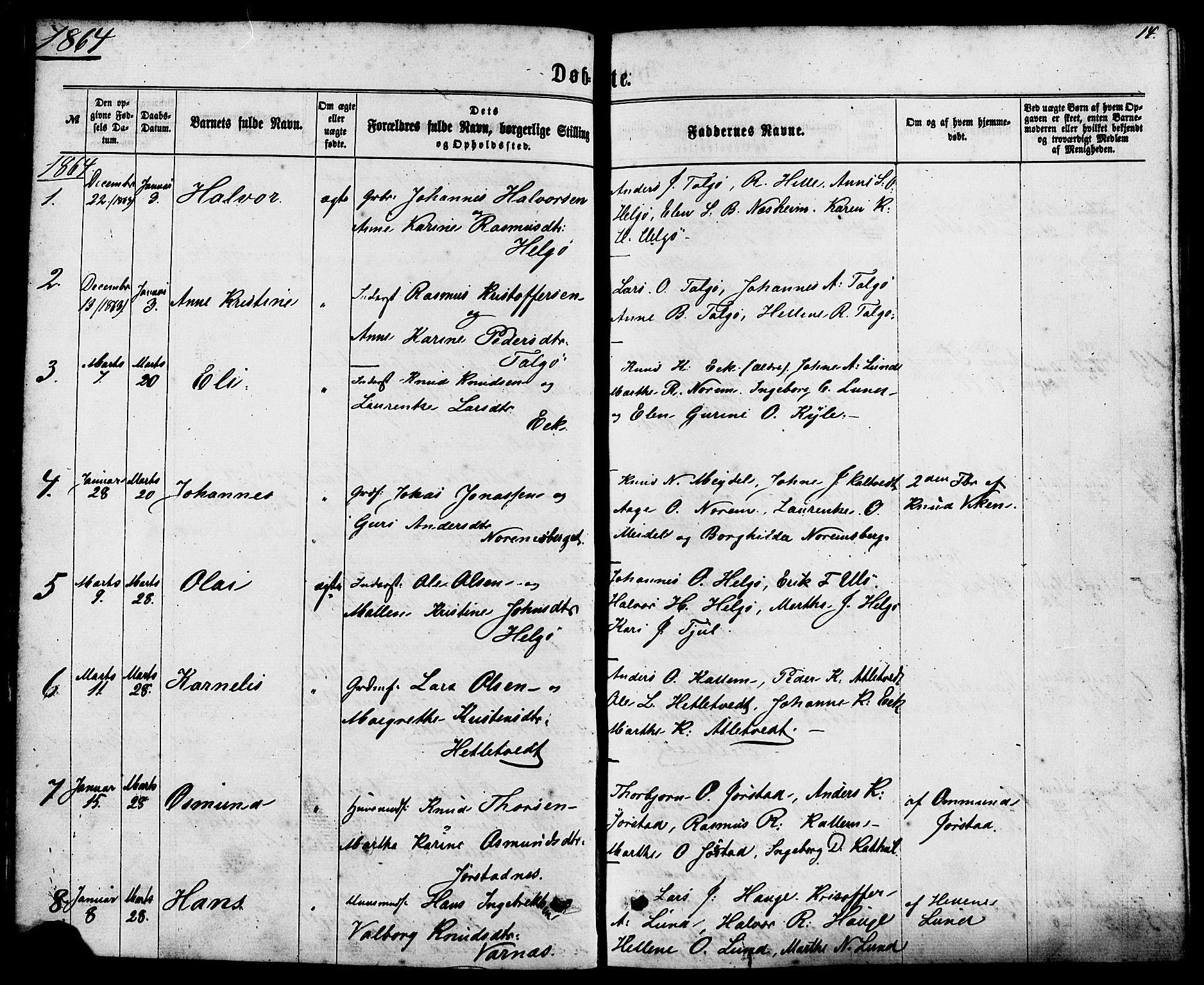 Nedstrand sokneprestkontor, AV/SAST-A-101841/01/IV: Parish register (official) no. A 10, 1861-1887, p. 14