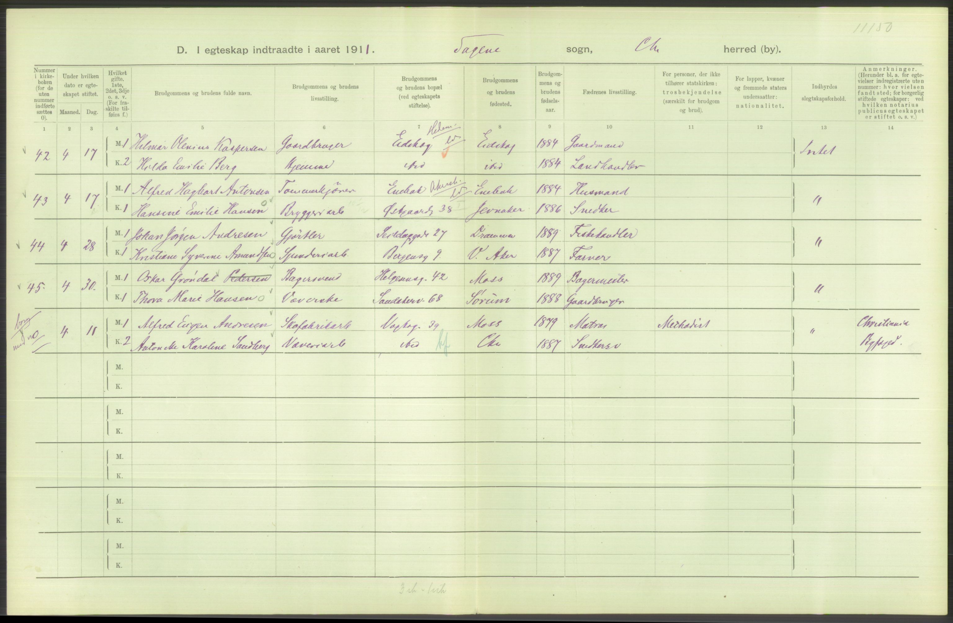 Statistisk sentralbyrå, Sosiodemografiske emner, Befolkning, AV/RA-S-2228/D/Df/Dfb/Dfba/L0008: Kristiania: Gifte, 1911, p. 684