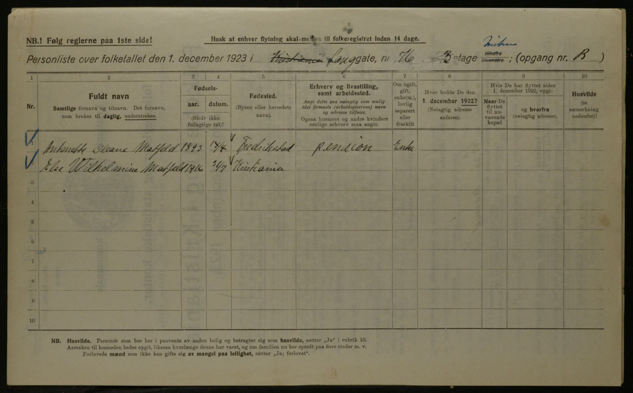 OBA, Municipal Census 1923 for Kristiania, 1923, p. 63166