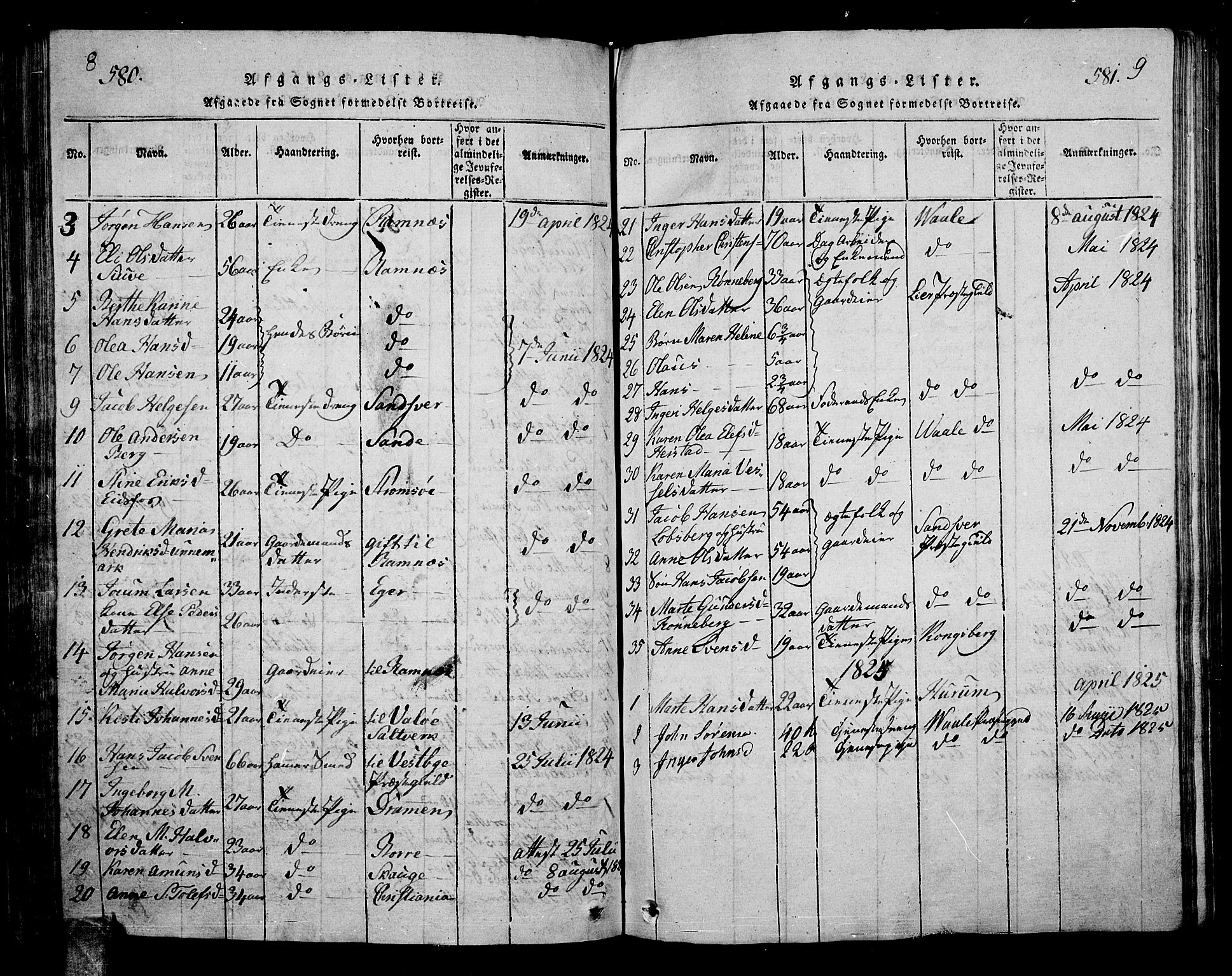 Hof kirkebøker, AV/SAKO-A-64/G/Ga/L0001: Parish register (copy) no. I 1, 1814-1844, p. 580-581