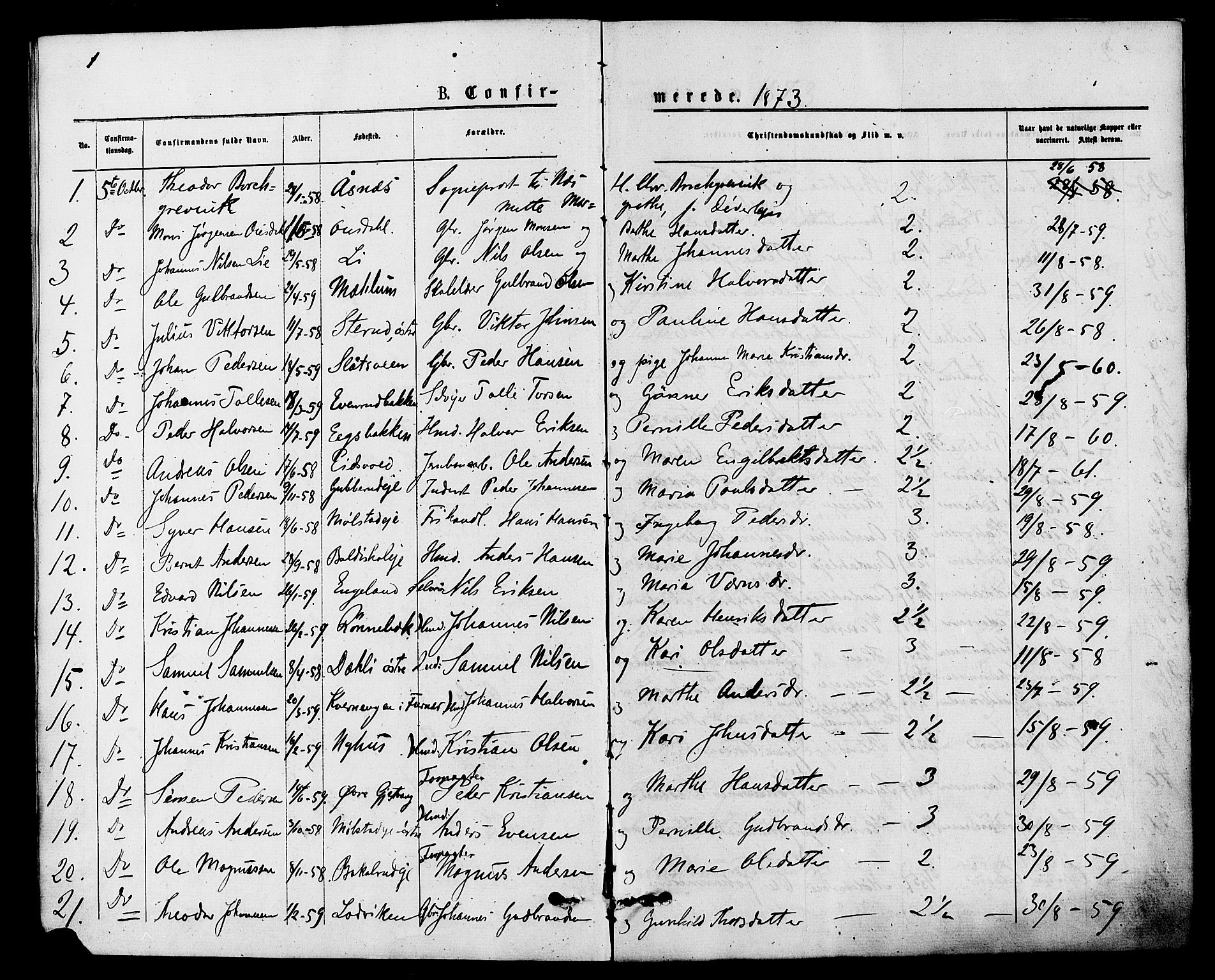 Nes prestekontor, Hedmark, SAH/PREST-020/K/Ka/L0006: Parish register (official) no. 6, 1873-1886, p. 1