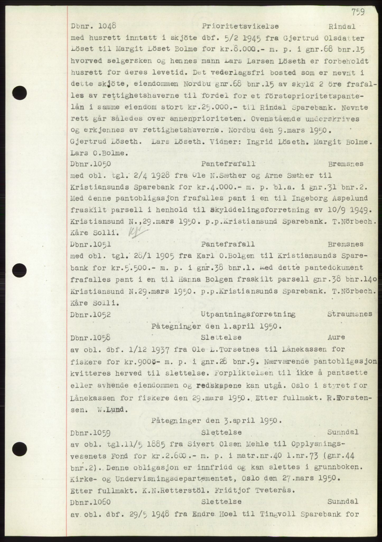 Nordmøre sorenskriveri, SAT/A-4132/1/2/2Ca: Mortgage book no. C82b, 1946-1951, Diary no: : 1048/1950