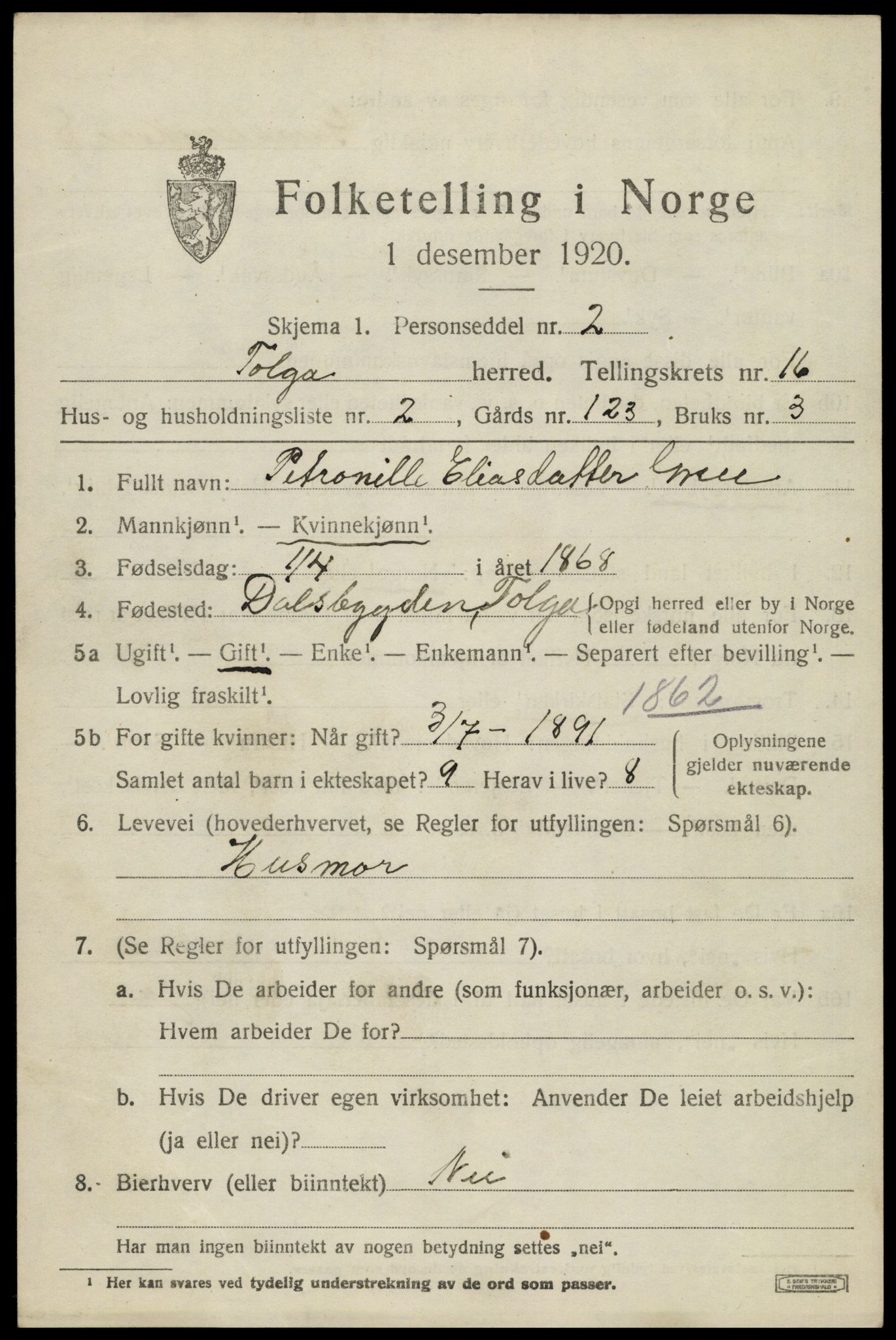 SAH, 1920 census for Tolga, 1920, p. 7387