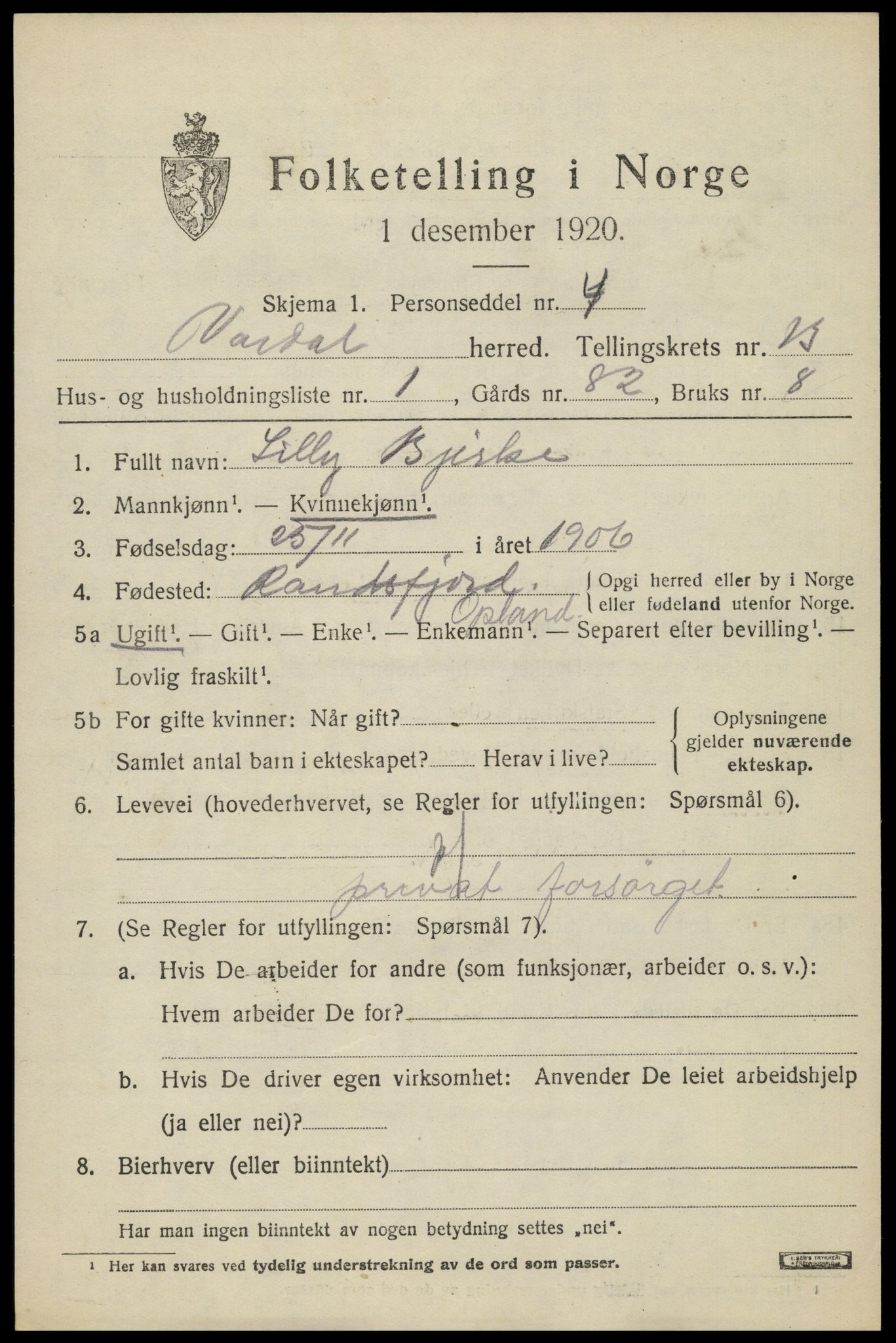 SAH, 1920 census for Vardal, 1920, p. 13803