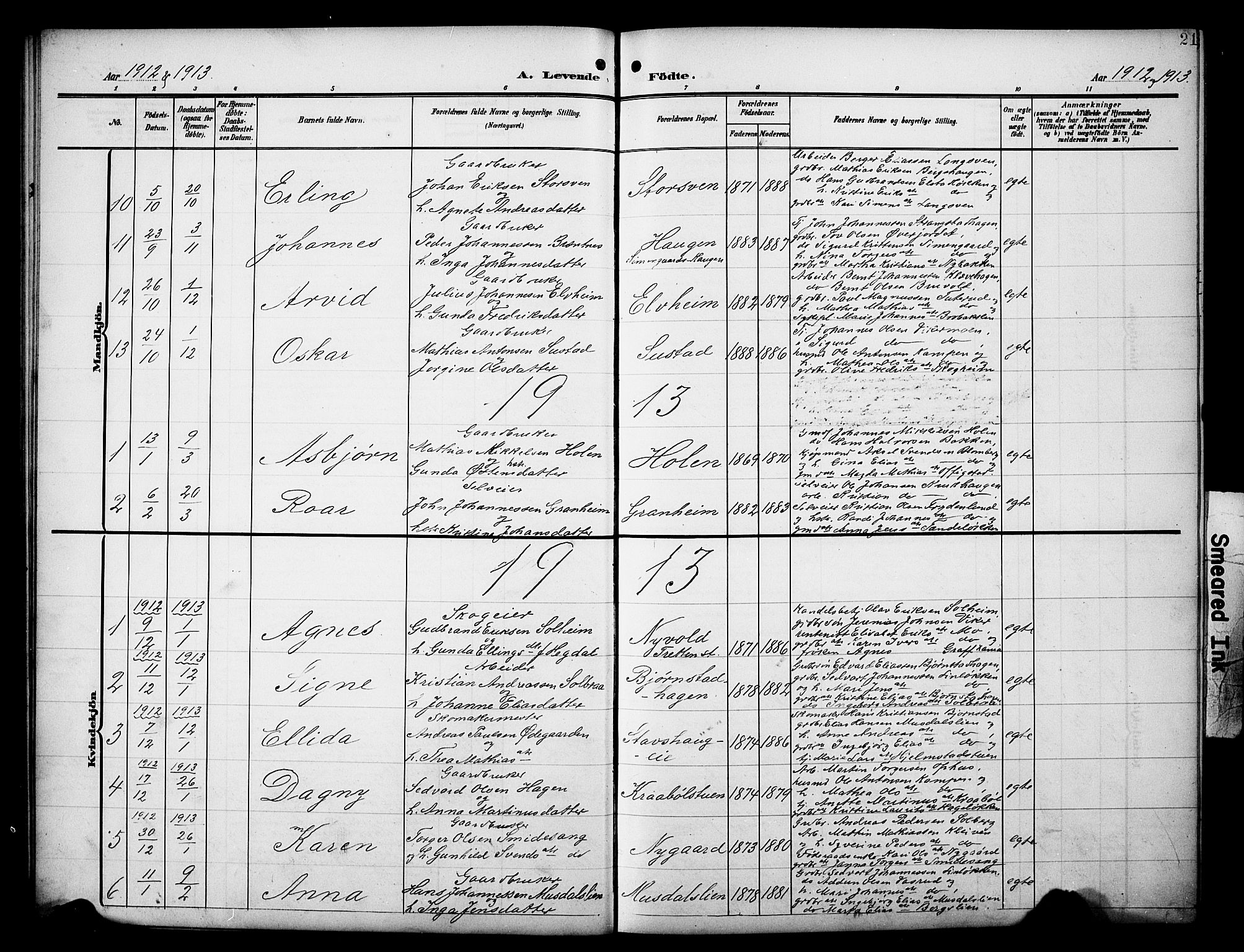 Øyer prestekontor, SAH/PREST-084/H/Ha/Hab/L0006: Parish register (copy) no. 6, 1906-1929, p. 21