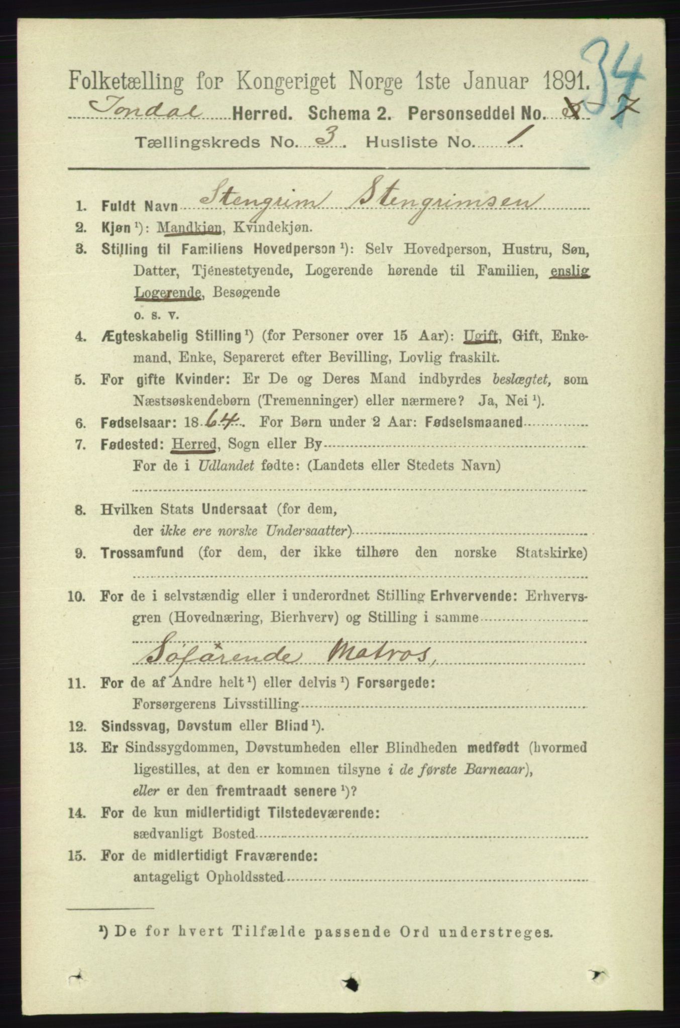 RA, 1891 census for 1227 Jondal, 1891, p. 1306