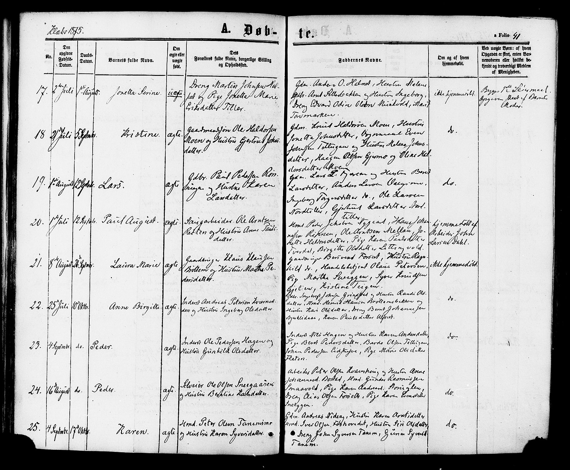 Ministerialprotokoller, klokkerbøker og fødselsregistre - Sør-Trøndelag, SAT/A-1456/618/L0442: Parish register (official) no. 618A06 /1, 1863-1879, p. 41