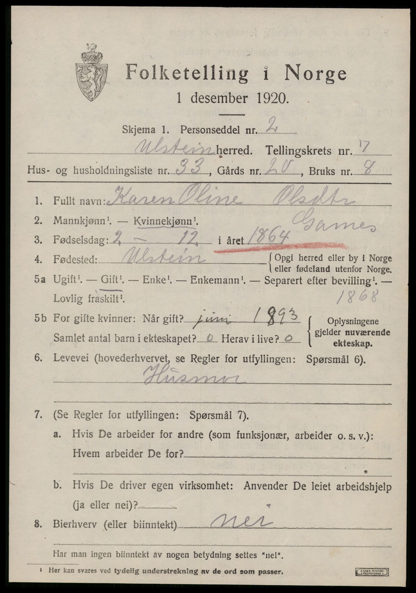 SAT, 1920 census for Ulstein, 1920, p. 4554