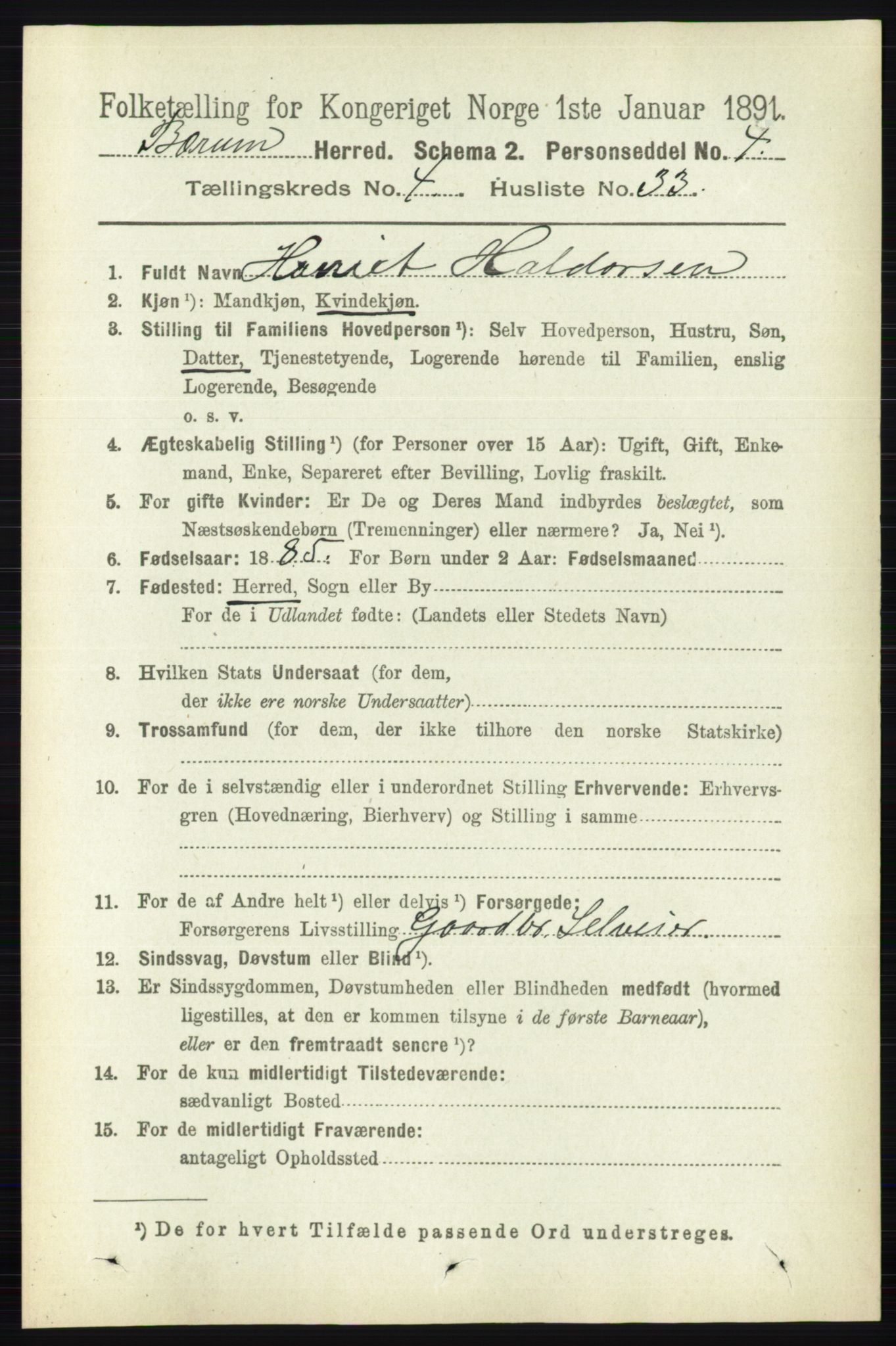 RA, 1891 census for 0219 Bærum, 1891, p. 2688