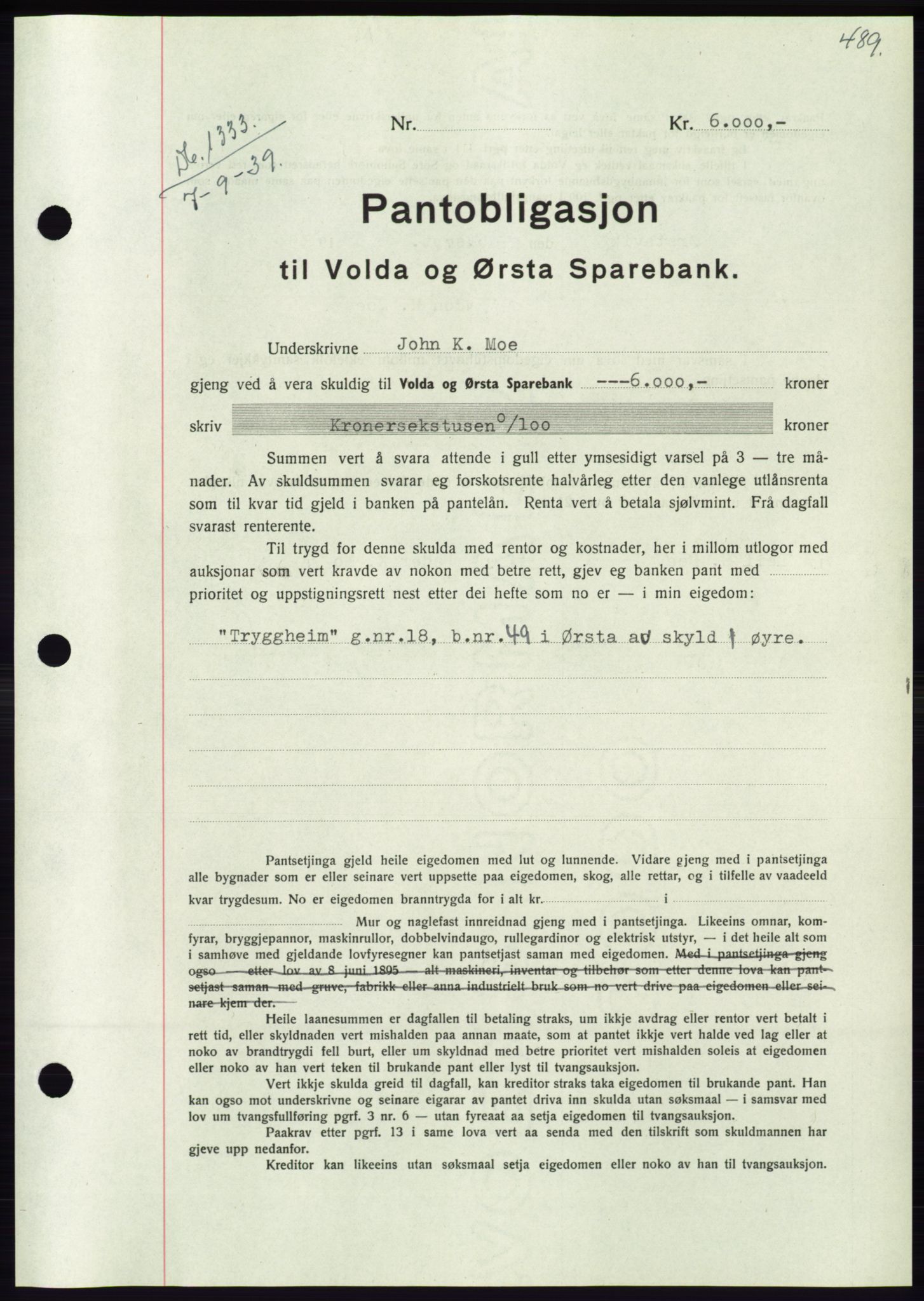 Søre Sunnmøre sorenskriveri, AV/SAT-A-4122/1/2/2C/L0068: Mortgage book no. 62, 1939-1939, Diary no: : 1333/1939