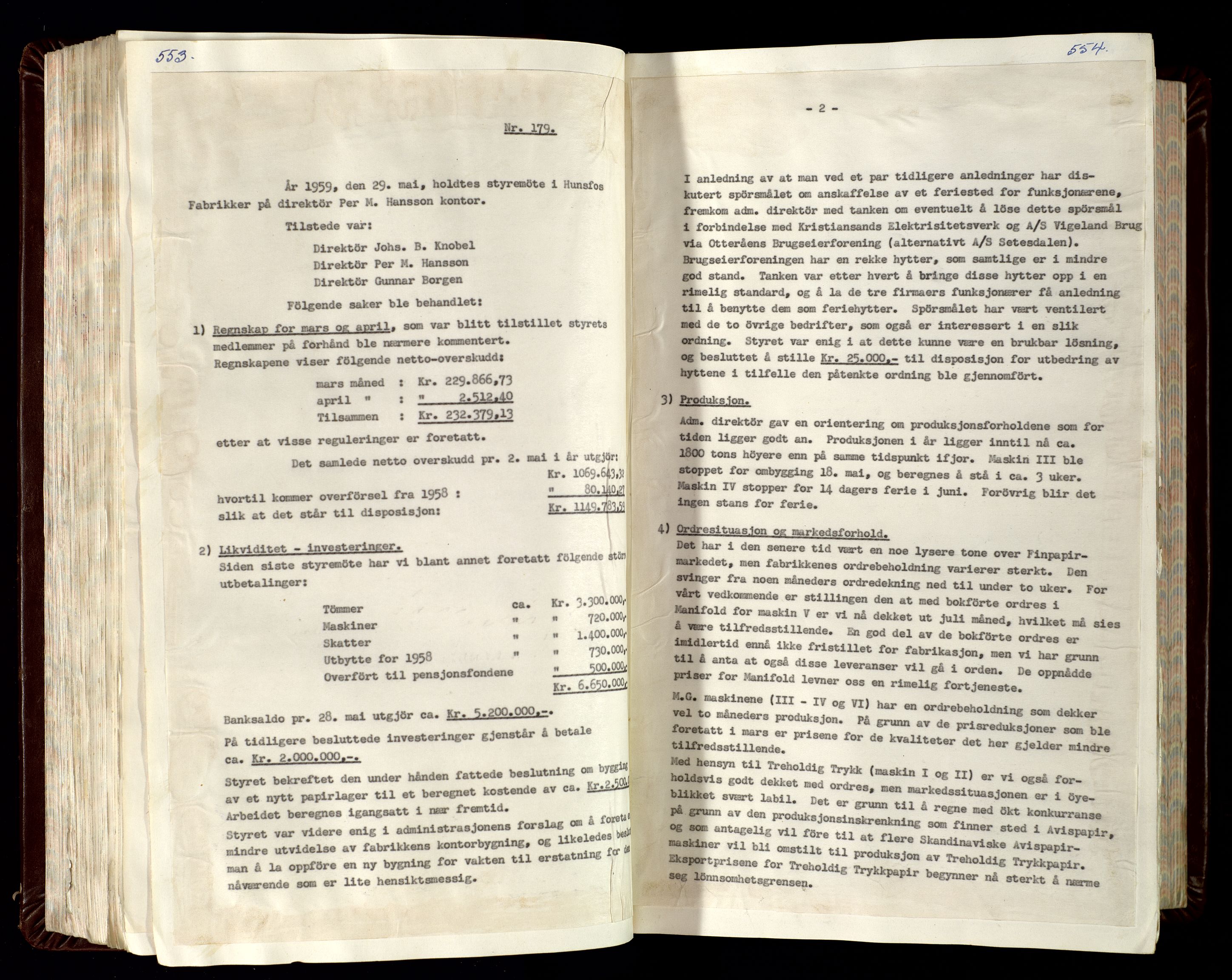 Hunsfos fabrikker, AV/SAK-D/1440/02/L0007: Referatprotokoll fra styremøter (møte nr 114-221), 1951-1964, p. 553-554