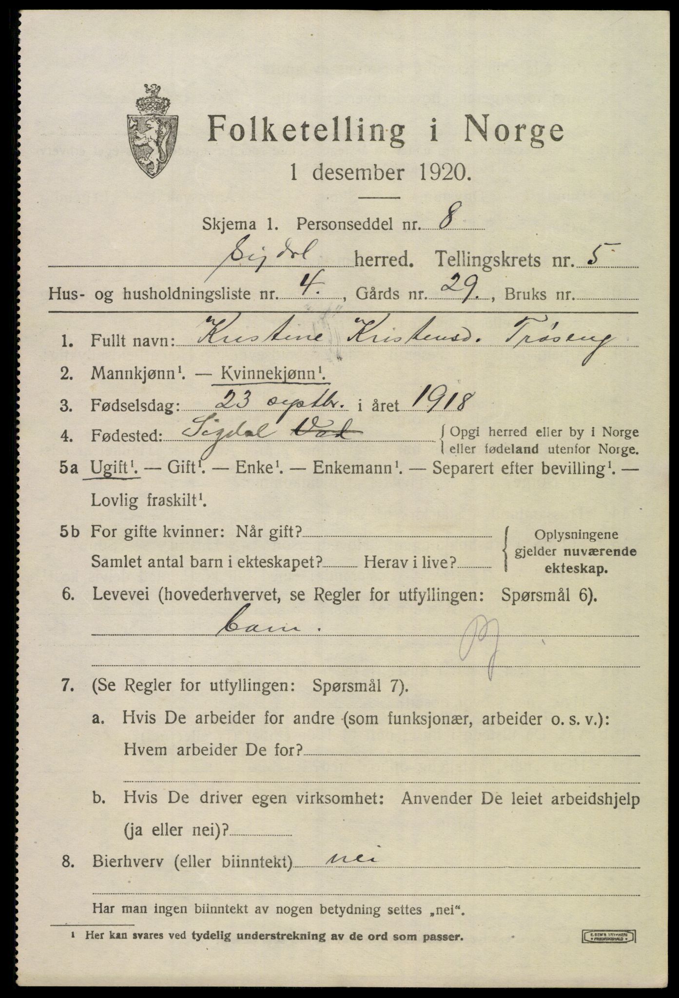 SAKO, 1920 census for Sigdal, 1920, p. 3830