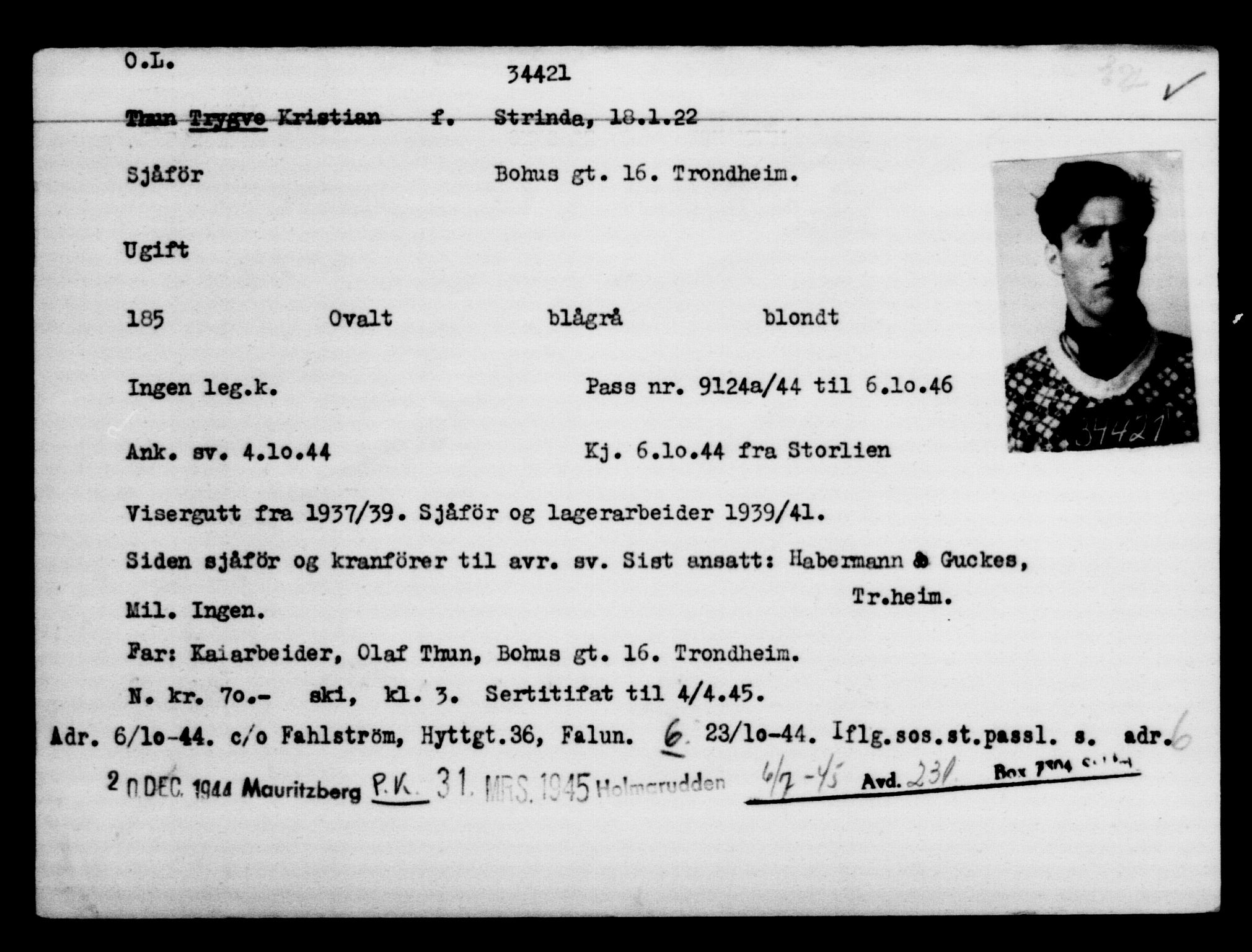 Utenriksstasjonene, Legasjonen i Stockholm, Flyktningkontoret, AV/RA-S-6753/V/Va/L0013: Kjesäterkartoteket, flyktninger med registreringsnr. 31500-34731, 1940-1945, p. 3075