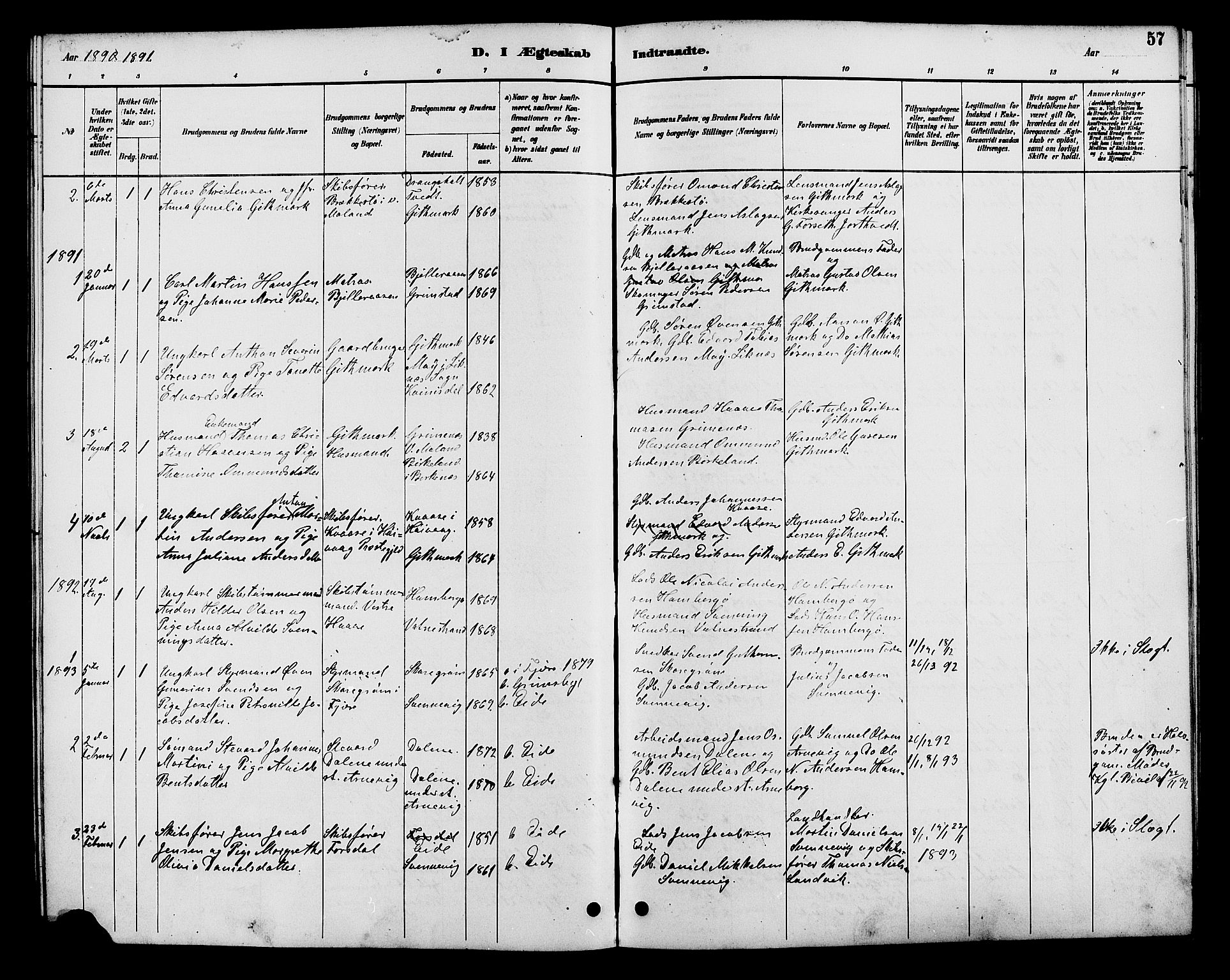 Hommedal sokneprestkontor, AV/SAK-1111-0023/F/Fb/Fba/L0004: Parish register (copy) no. B 4, 1885-1908, p. 57