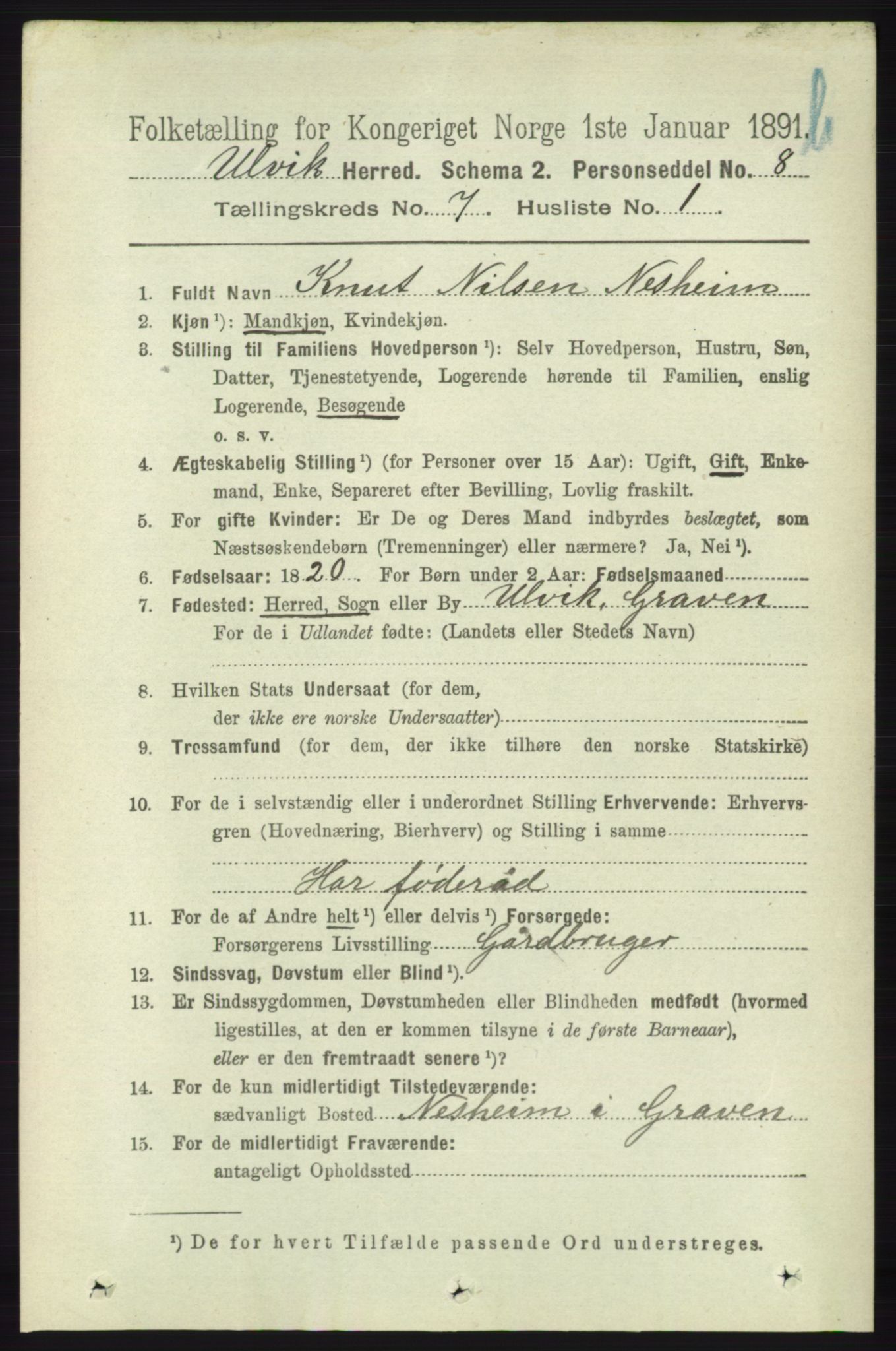 RA, 1891 census for 1233 Ulvik, 1891, p. 2277