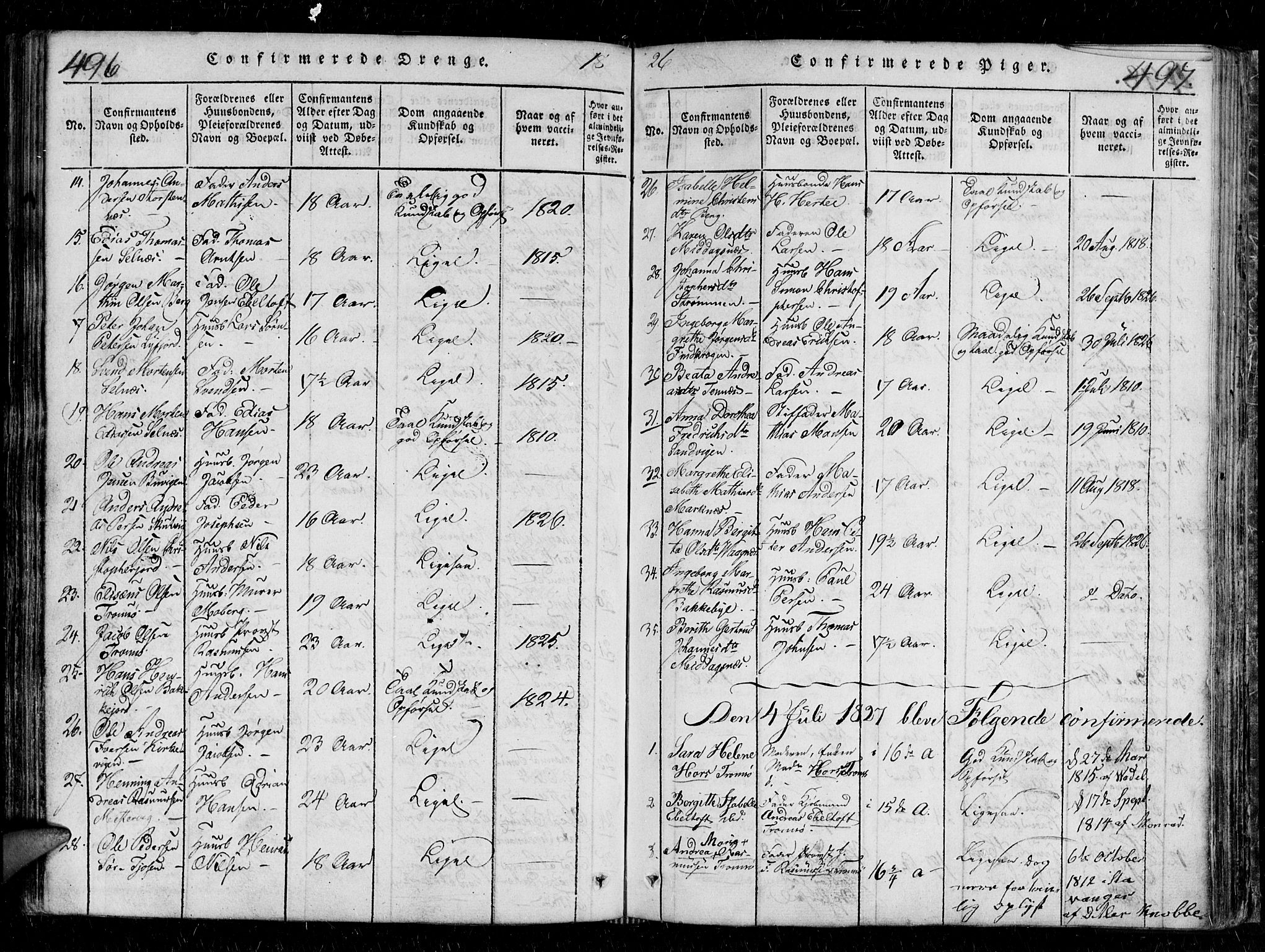 Tromsø sokneprestkontor/stiftsprosti/domprosti, SATØ/S-1343/G/Gb/L0001klokker: Parish register (copy) no. 1, 1821-1833, p. 496-497