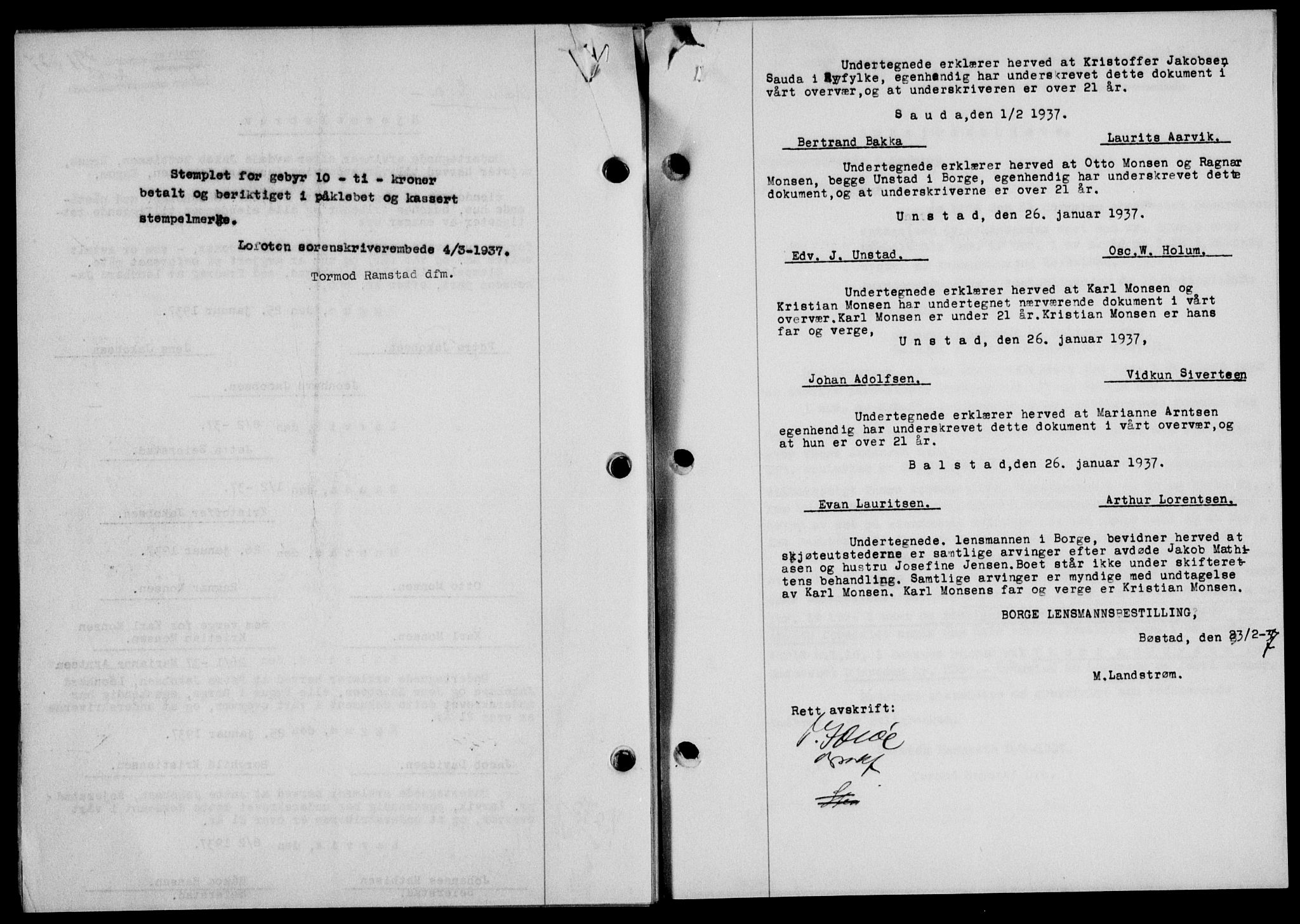 Lofoten sorenskriveri, SAT/A-0017/1/2/2C/L0001a: Mortgage book no. 1a, 1936-1937, Diary no: : 391/1937