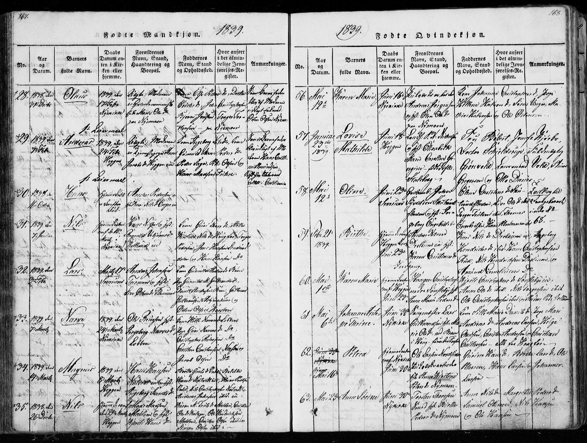 Modum kirkebøker, AV/SAKO-A-234/G/Ga/L0003: Parish register (copy) no. I 3, 1832-1842, p. 167-168