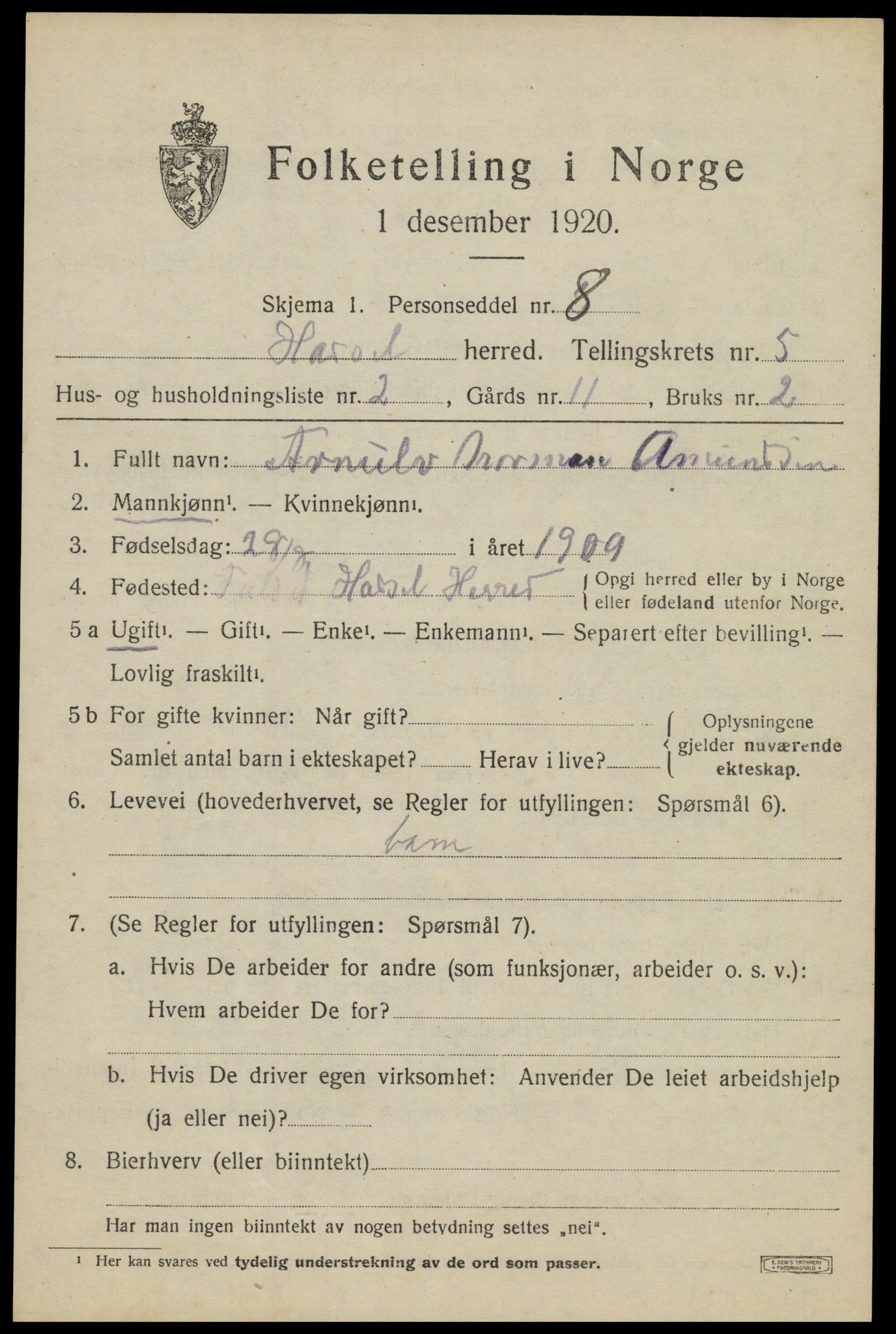 SAT, 1920 census for Hadsel, 1920, p. 5968