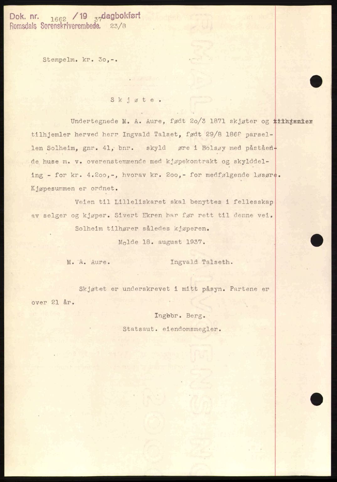 Romsdal sorenskriveri, SAT/A-4149/1/2/2C: Mortgage book no. A3, 1937-1937, Diary no: : 1659/1937