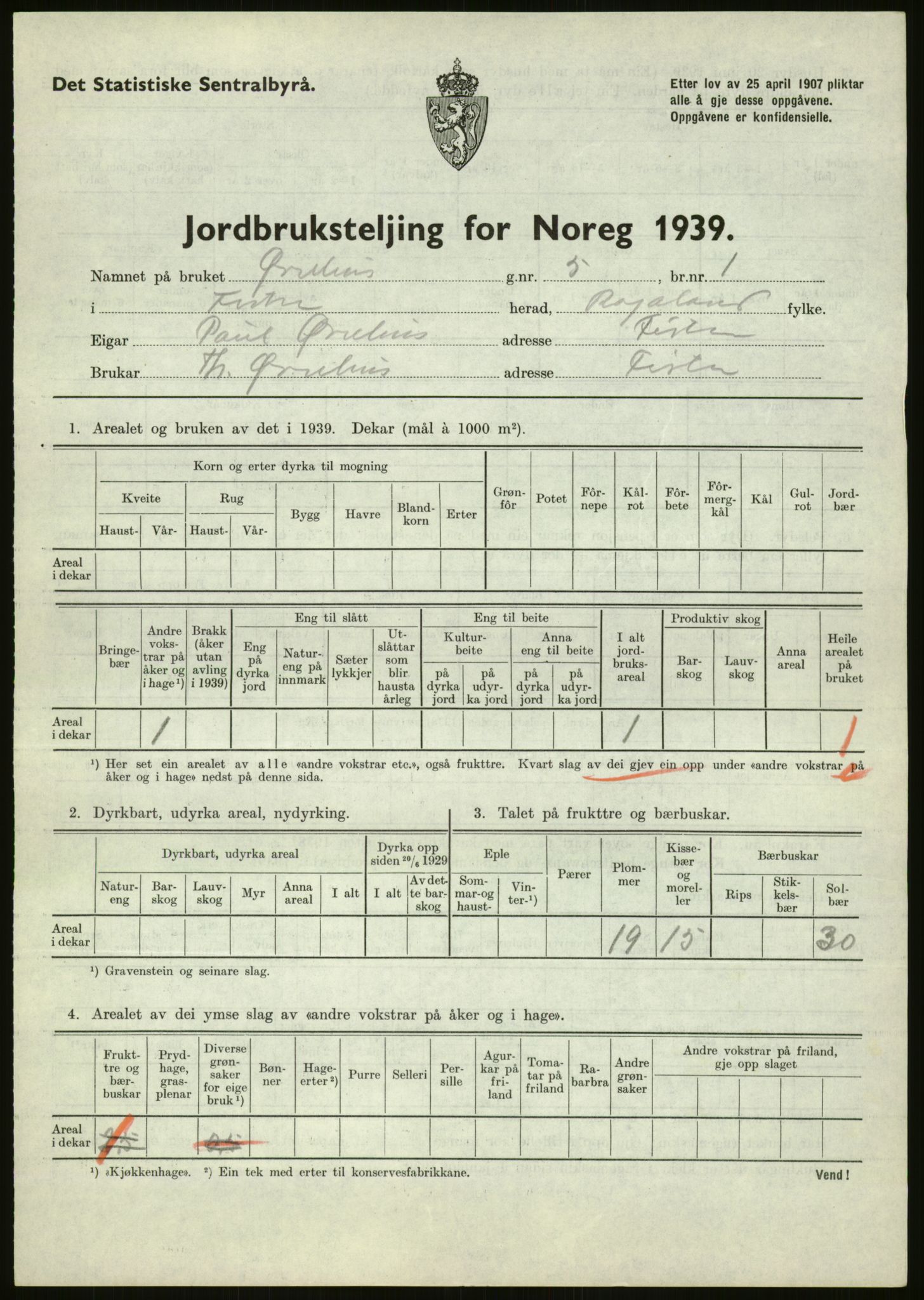 Statistisk sentralbyrå, Næringsøkonomiske emner, Jordbruk, skogbruk, jakt, fiske og fangst, AV/RA-S-2234/G/Gb/L0184: Rogaland: Årdal, Fister og Hjelmeland, 1939, p. 69