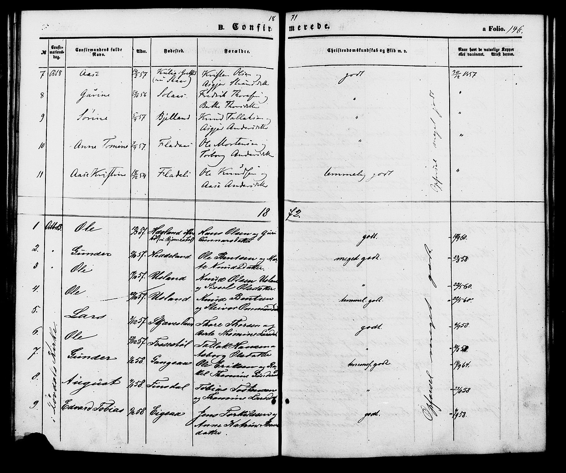 Holum sokneprestkontor, AV/SAK-1111-0022/F/Fa/Fac/L0003: Parish register (official) no. A 3, 1860-1883, p. 146