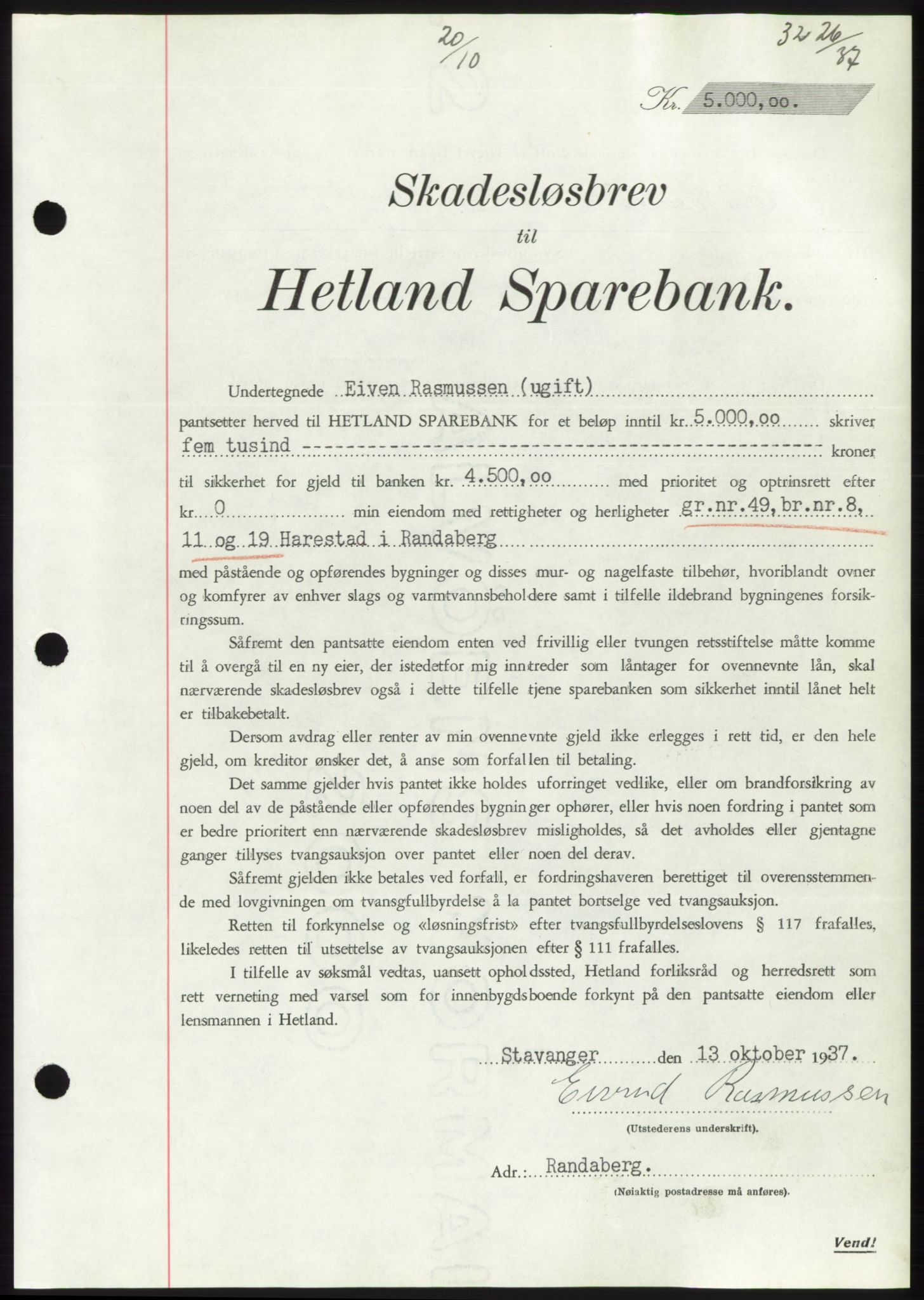 Jæren sorenskriveri, SAST/A-100310/03/G/Gba/L0069: Mortgage book, 1937-1937, Diary no: : 3226/1937