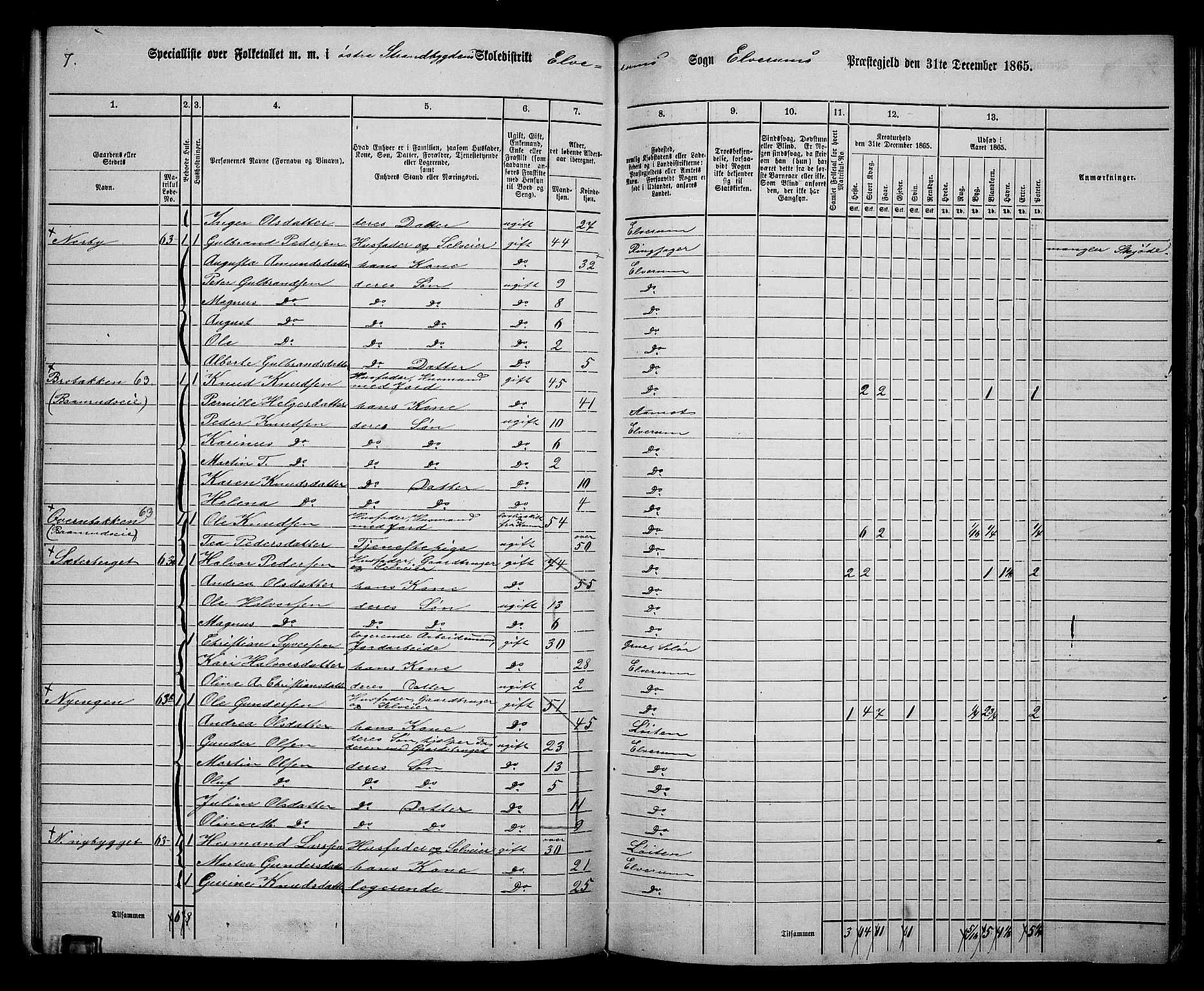 RA, 1865 census for Elverum, 1865, p. 143