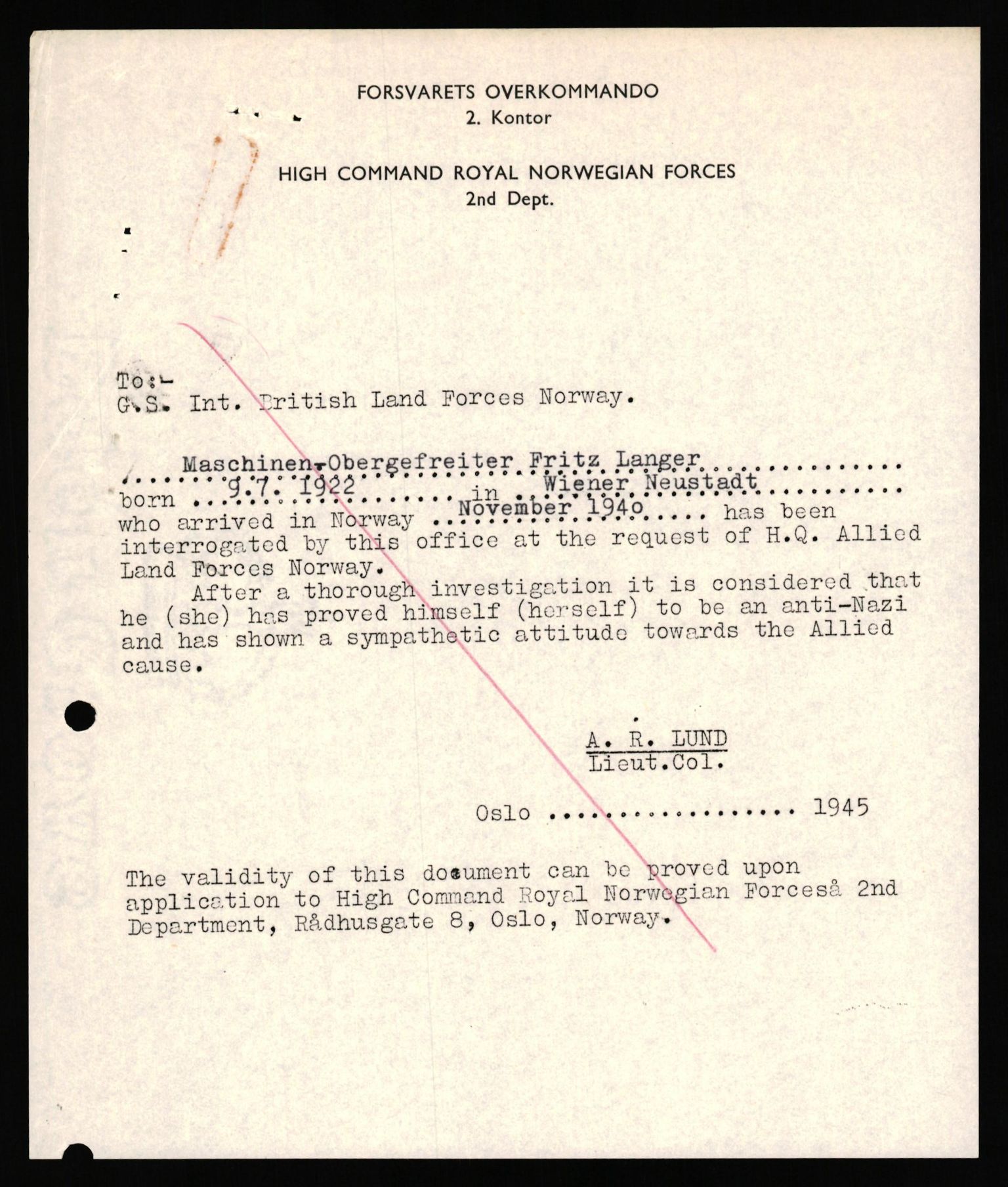 Forsvaret, Forsvarets overkommando II, RA/RAFA-3915/D/Db/L0039: CI Questionaires. Tyske okkupasjonsstyrker i Norge. Østerrikere., 1945-1946, p. 251
