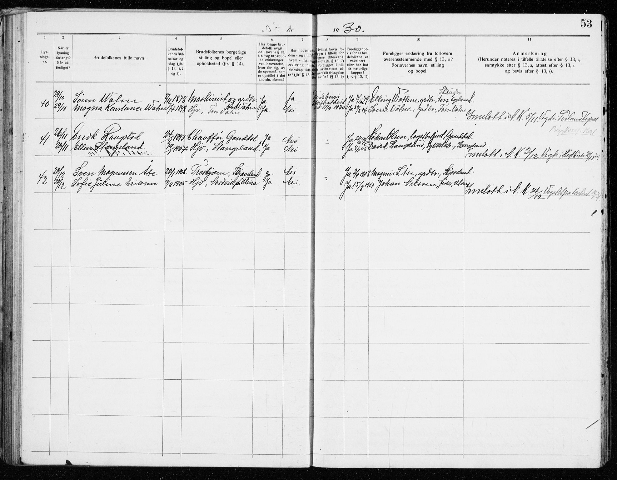 Høyland sokneprestkontor, SAST/A-101799/001/705BA/L0001: Banns register no. 705.BA.1, 1919-1936, p. 53