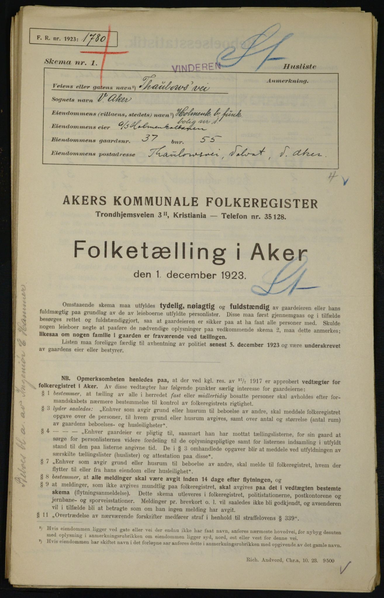 , Municipal Census 1923 for Aker, 1923, p. 19314