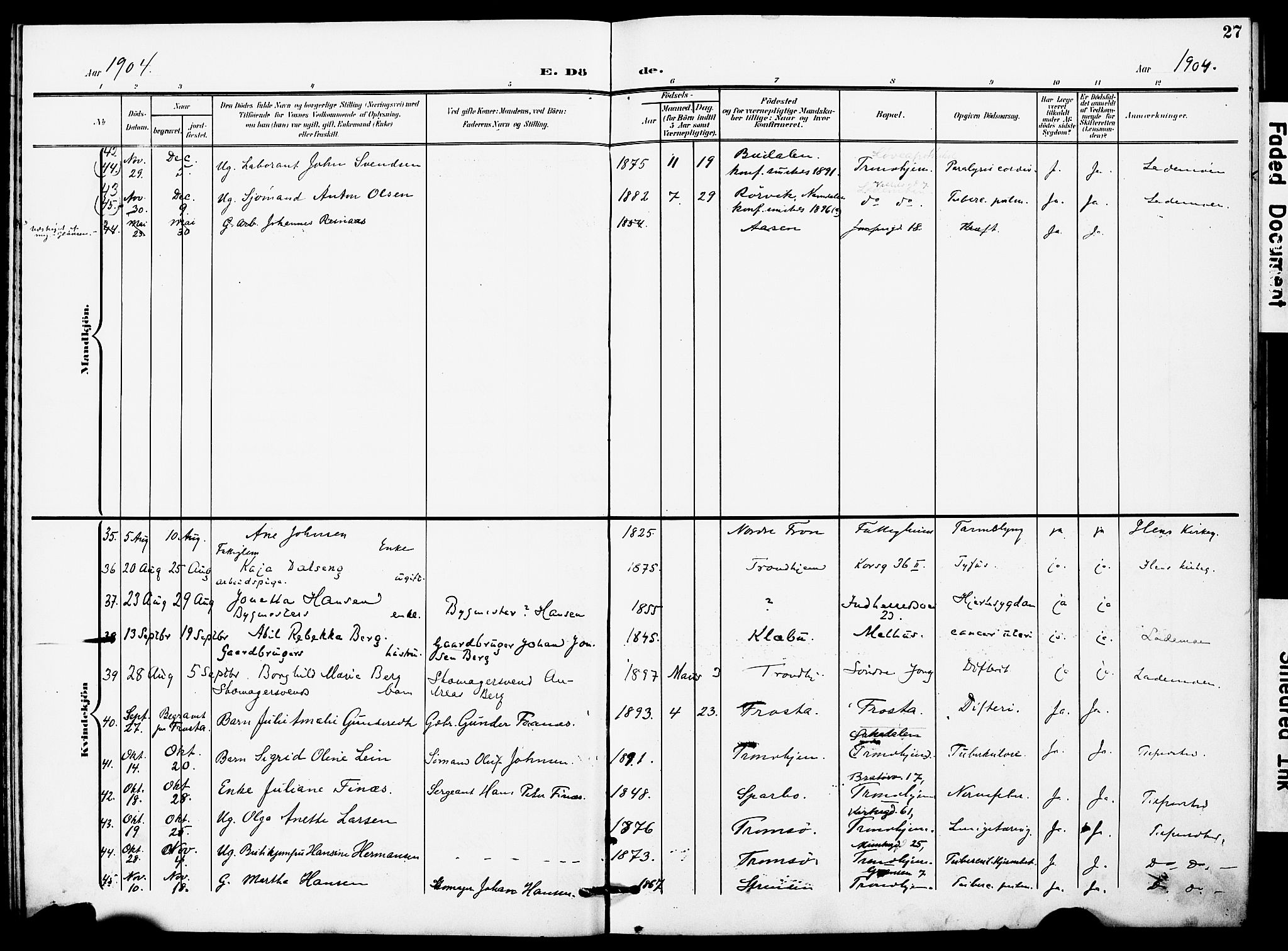 Ministerialprotokoller, klokkerbøker og fødselsregistre - Sør-Trøndelag, SAT/A-1456/628/L0483: Parish register (official) no. 628A01, 1902-1920, p. 27