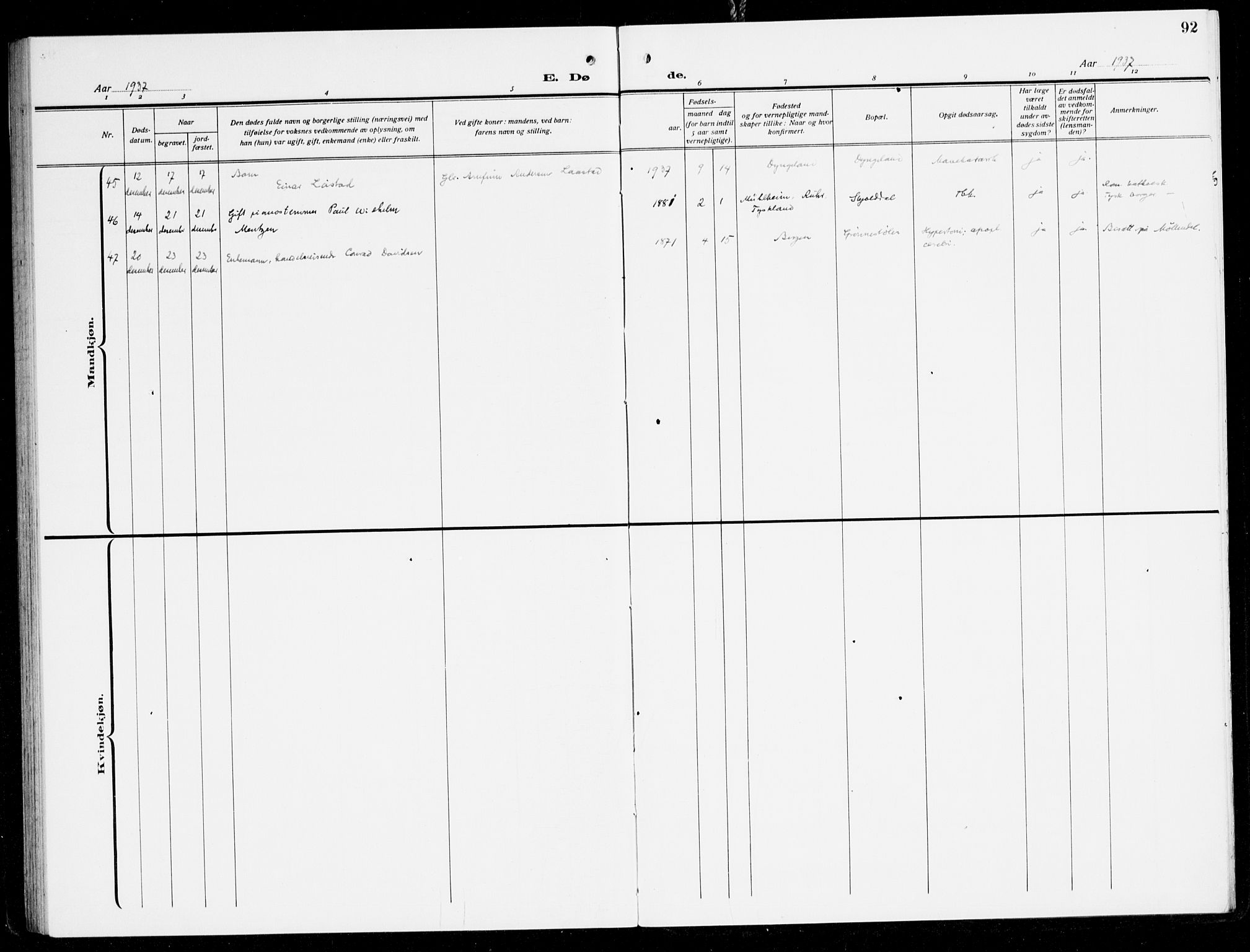Fana Sokneprestembete, SAB/A-75101/H/Haa/Haal/L0001: Parish register (official) no. L 1, 1919-1939, p. 92