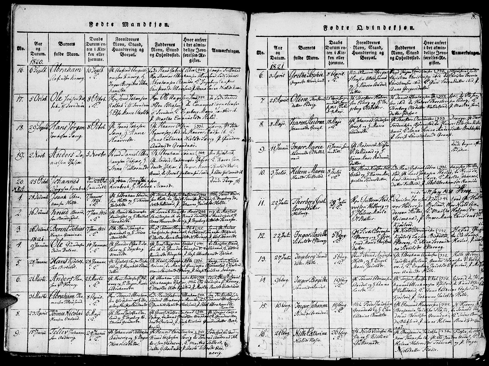 Høvåg sokneprestkontor, SAK/1111-0025/F/Fa/L0001: Parish register (official) no. A 1, 1816-1843, p. 8