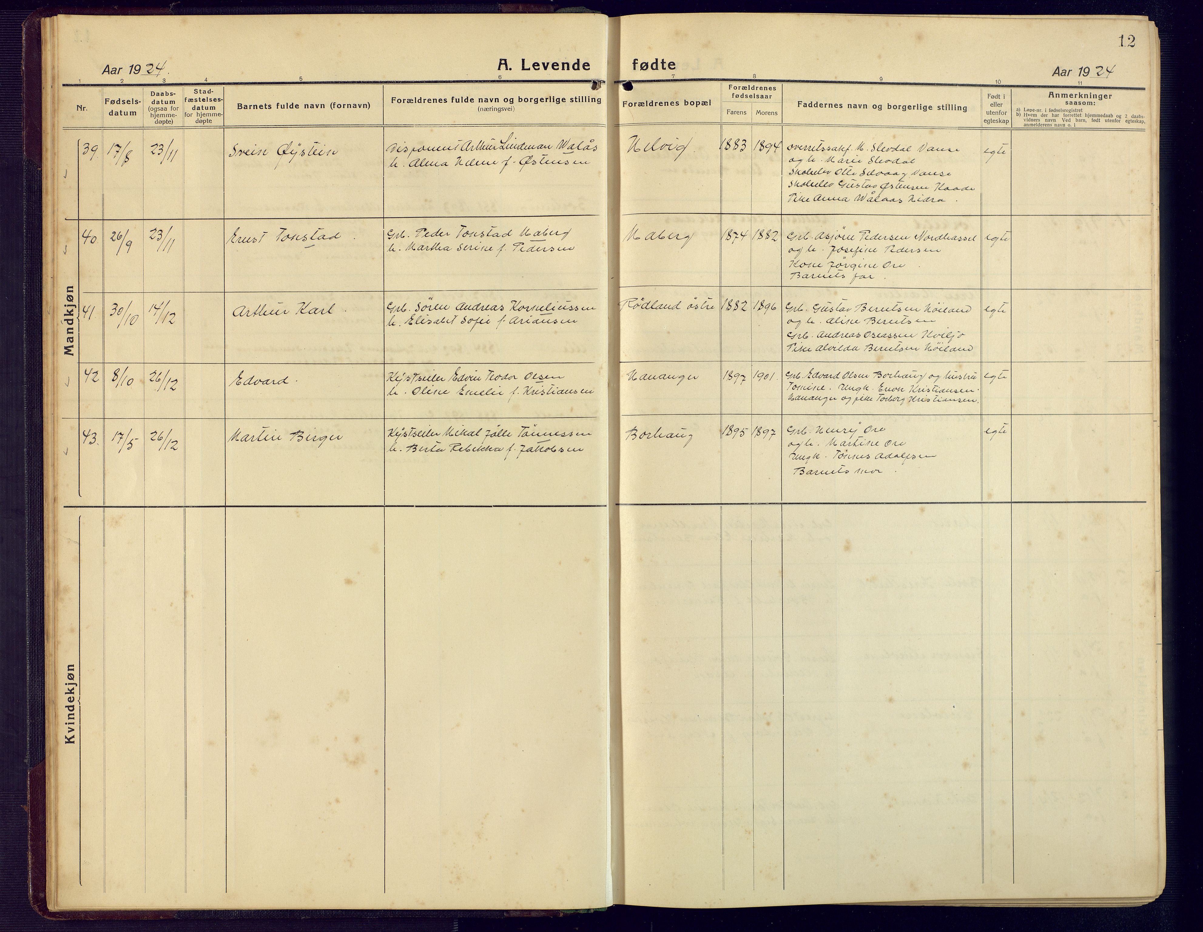 Lista sokneprestkontor, SAK/1111-0027/F/Fb/L0006: Parish register (copy) no. B 6, 1924-1947, p. 12