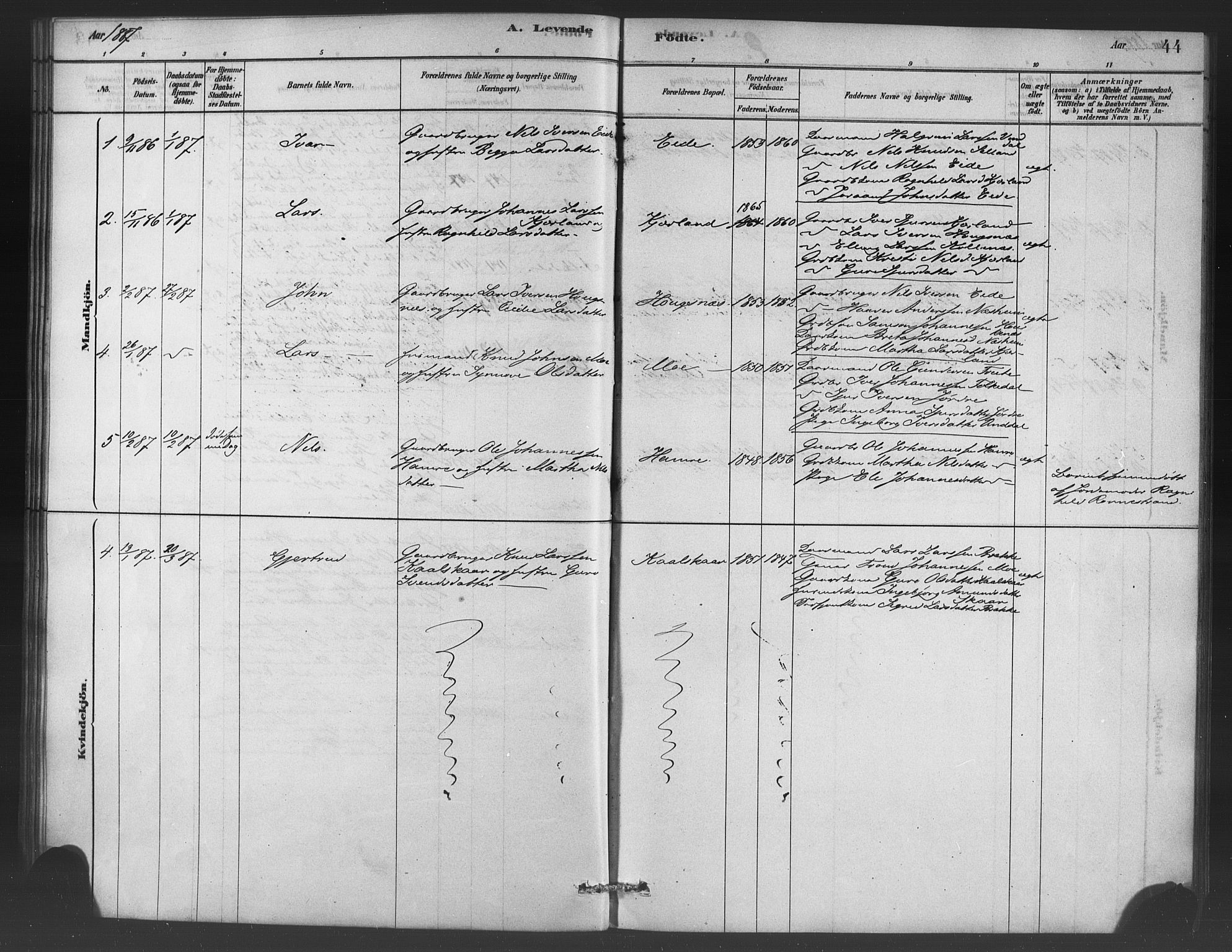 Ulvik sokneprestembete, SAB/A-78801/H/Haa: Parish register (official) no. C 1, 1878-1903, p. 44