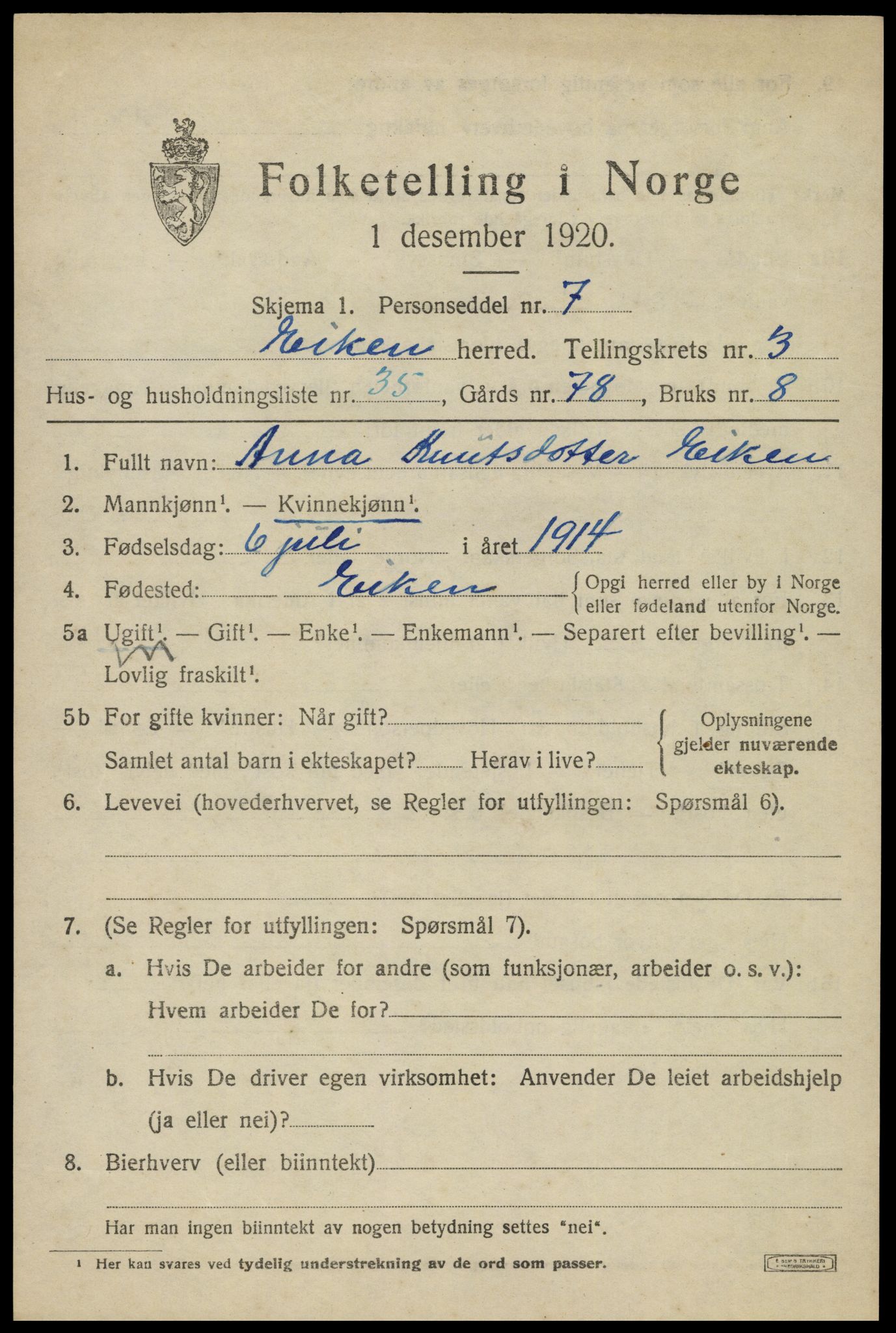 SAK, 1920 census for Eiken, 1920, p. 1267