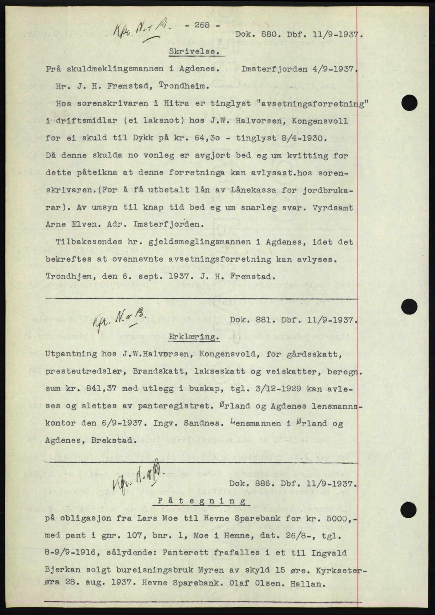 Hitra sorenskriveri, AV/SAT-A-0018/2/2C/2Ca: Mortgage book no. C1, 1936-1945, Diary no: : 880/1937