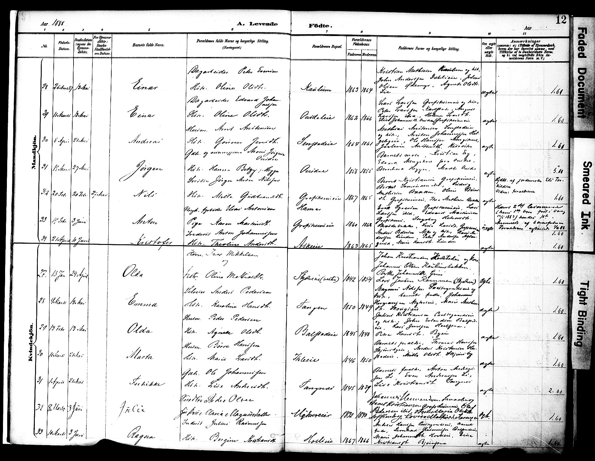 Nes prestekontor, Hedmark, AV/SAH-PREST-020/K/Ka/L0009: Parish register (official) no. 9, 1887-1905, p. 12