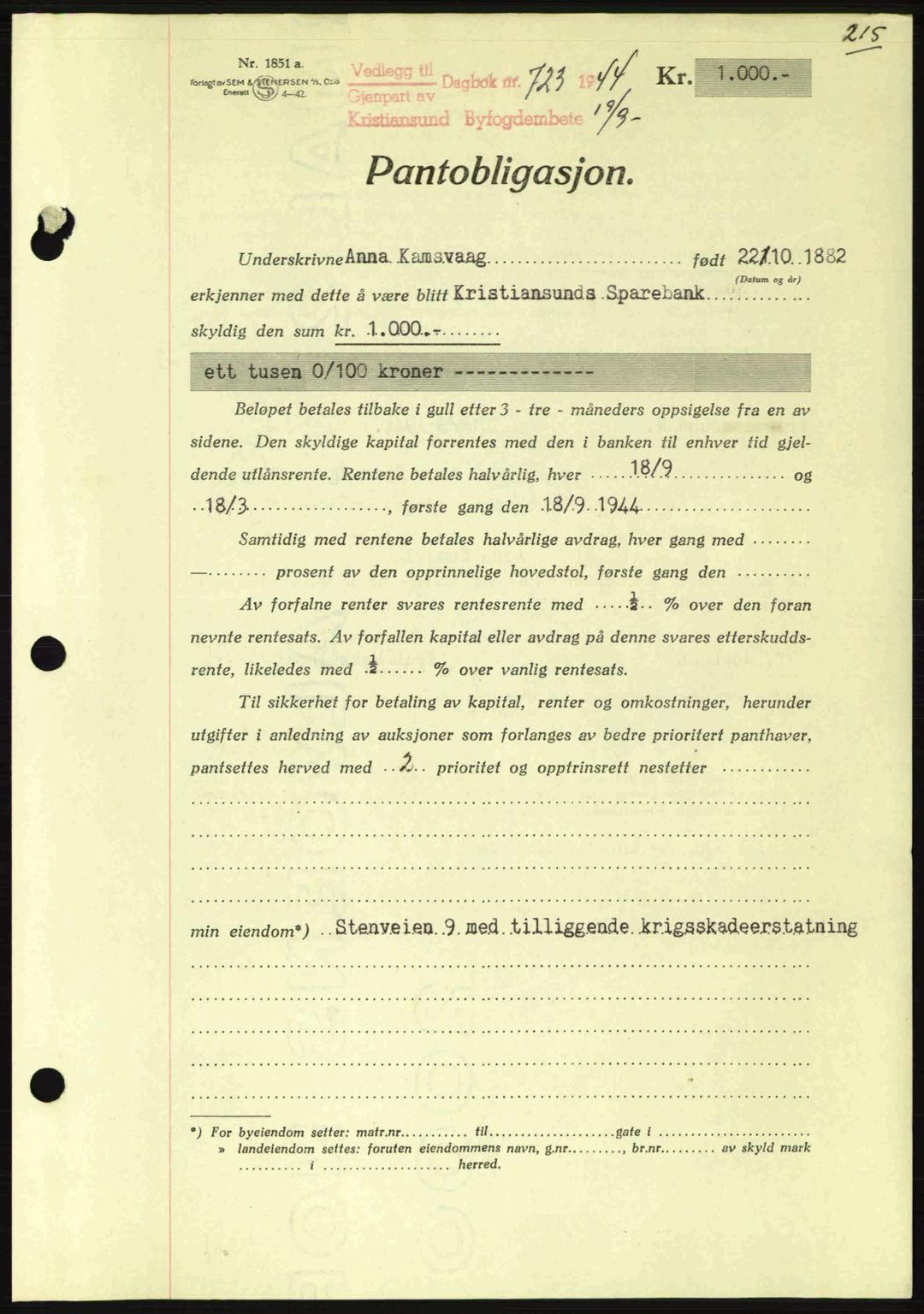 Kristiansund byfogd, SAT/A-4587/A/27: Mortgage book no. 37-38, 1943-1945, Diary no: : 723/1944
