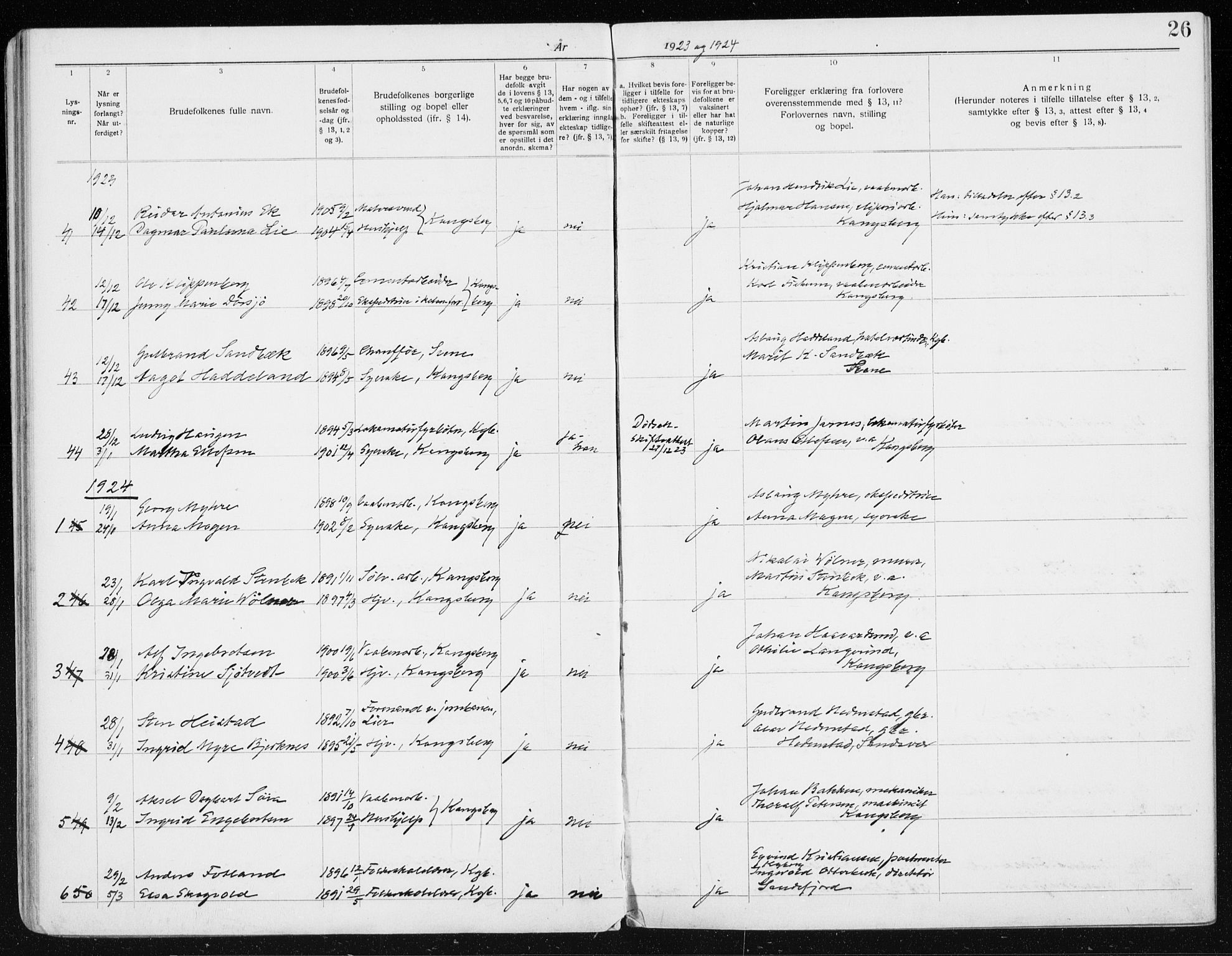 Kongsberg kirkebøker, AV/SAKO-A-22/H/Ha/L0001: Banns register no. 1, 1919-1939, p. 26