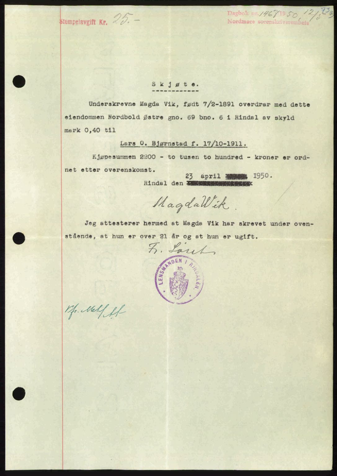 Nordmøre sorenskriveri, SAT/A-4132/1/2/2Ca: Mortgage book no. A115, 1950-1950, Diary no: : 1467/1950
