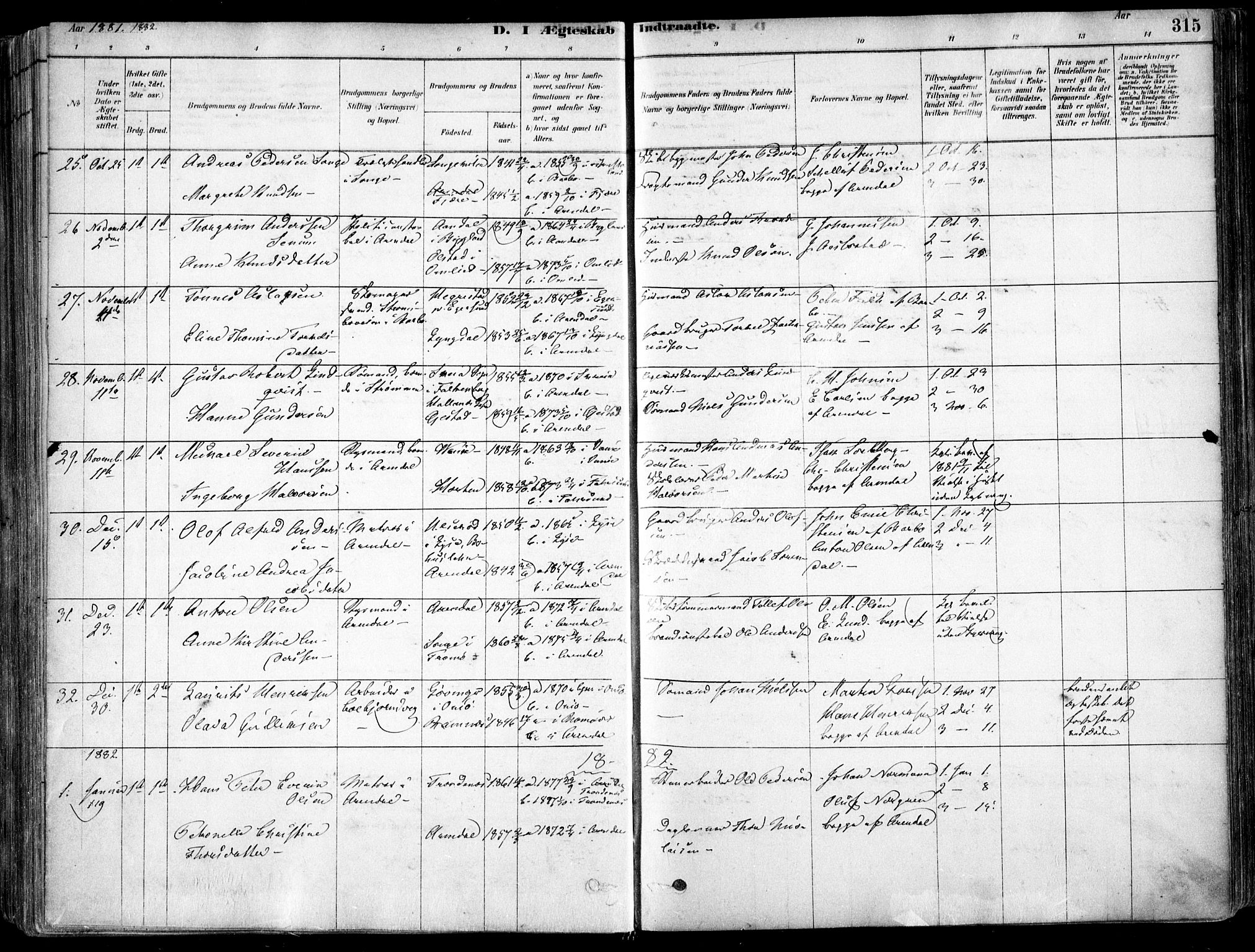 Arendal sokneprestkontor, Trefoldighet, SAK/1111-0040/F/Fa/L0008: Parish register (official) no. A 8, 1878-1899, p. 315