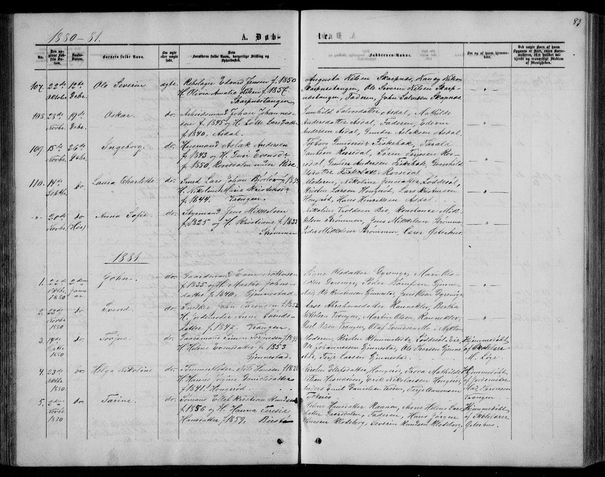 Øyestad sokneprestkontor, AV/SAK-1111-0049/F/Fb/L0008: Parish register (copy) no. B 8, 1872-1886, p. 83