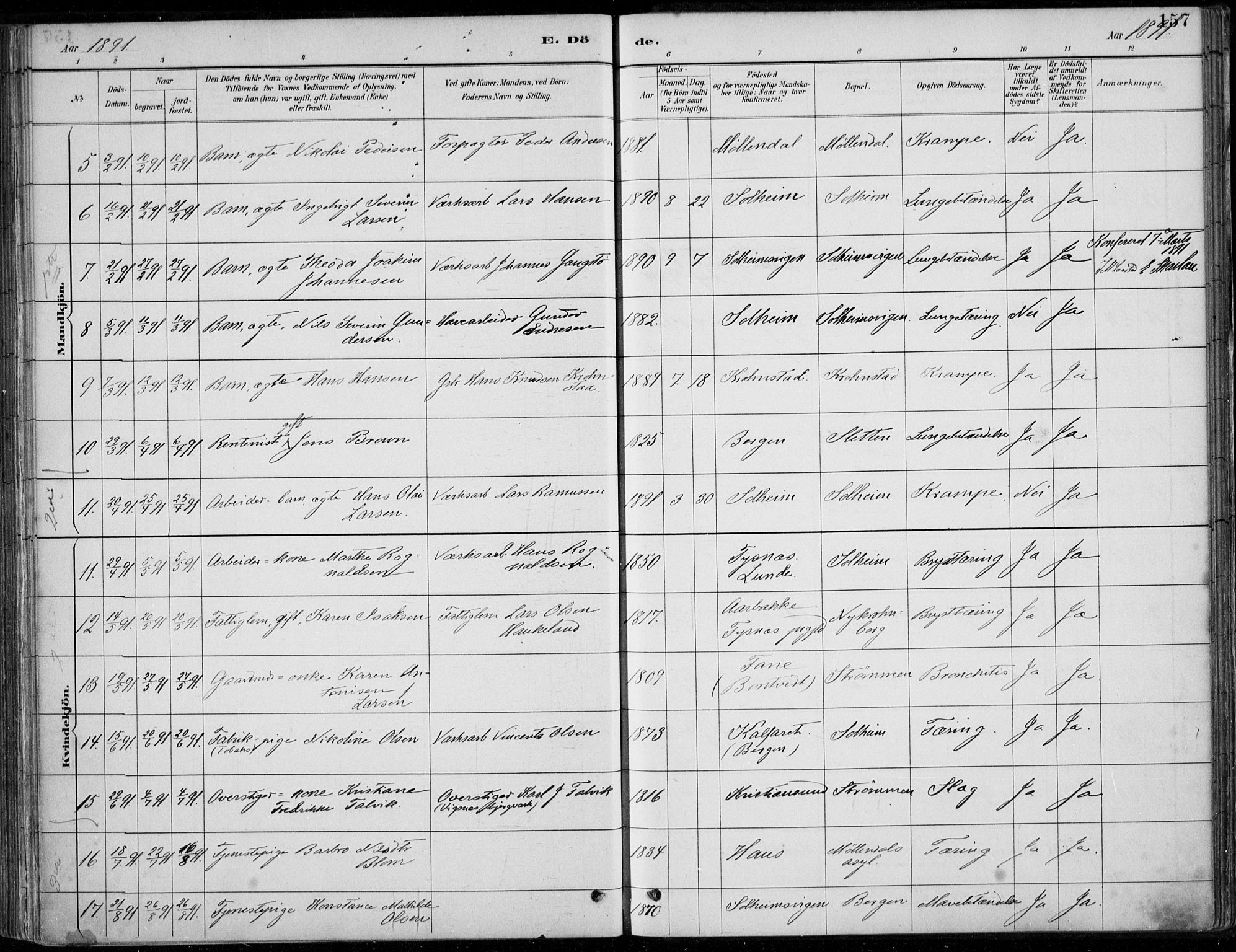 Årstad Sokneprestembete, AV/SAB-A-79301/H/Haa/L0006: Parish register (official) no. B 1, 1886-1901, p. 157