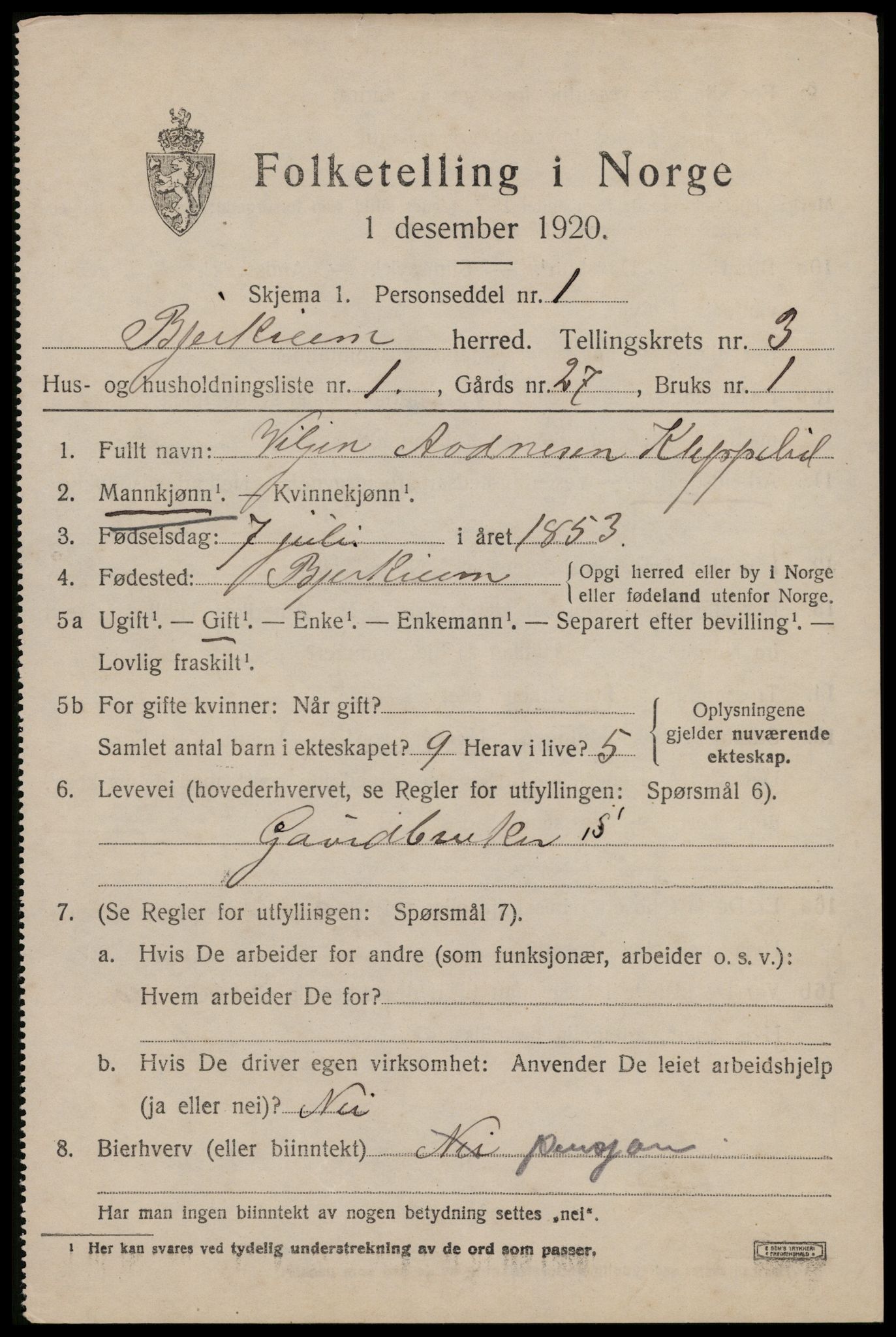 SAST, 1920 census for Bjerkreim, 1920, p. 1616